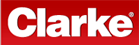 Clarke logo with red background and white text