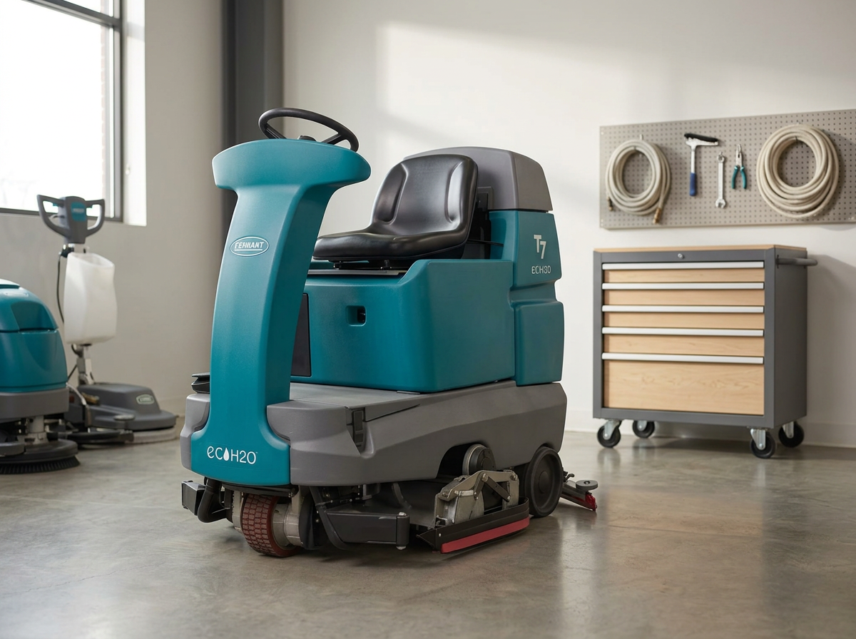 Autonomous floor cleaning robot in a room with cleaning equipment and tools on the wall and a rolling tool chest