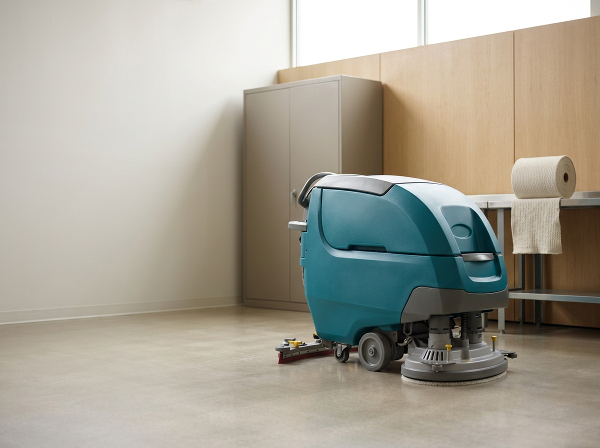 A blue floor cleaning machine in a room with beige walls and a wooden panel. There is a gray cabinet in the corner and a table with a roll of paper towels.