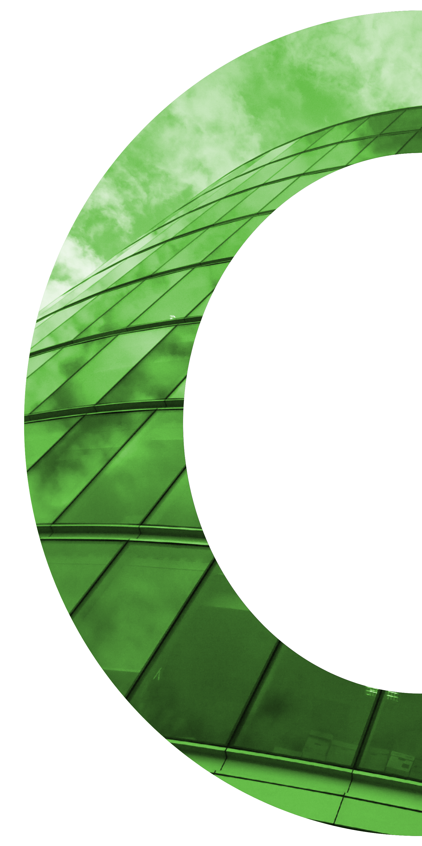 Exterior of office building shaped like a C with a green color overlay