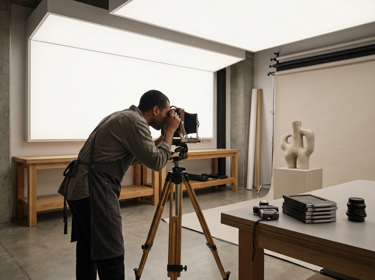 Photographer setting up a camera in a studio with sculpture and materials in the background.