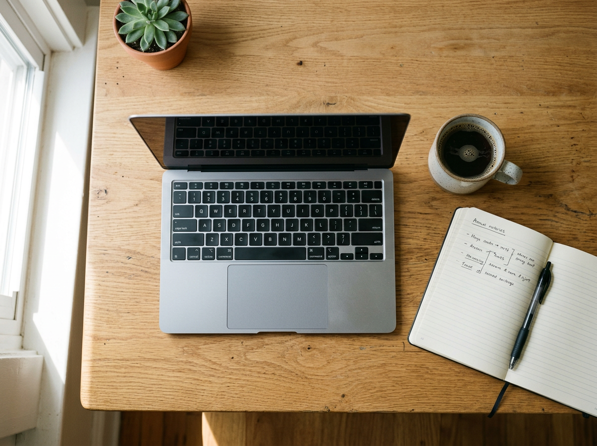 A wooden desk with a laptop, a notebook with handwritten notes, a pen, a mug of coffee, and a small potted succulent plant near a window.