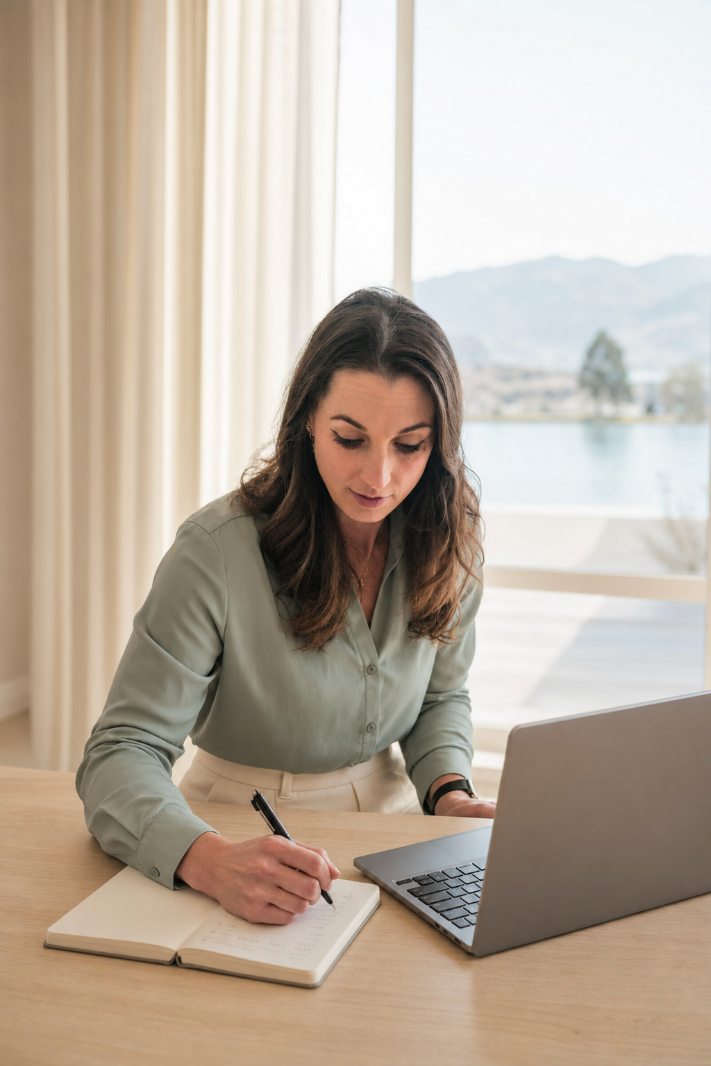 A woman sitting at a desk writing in a notebook with a laptop open beside her, near a window with a view of mountains and water.