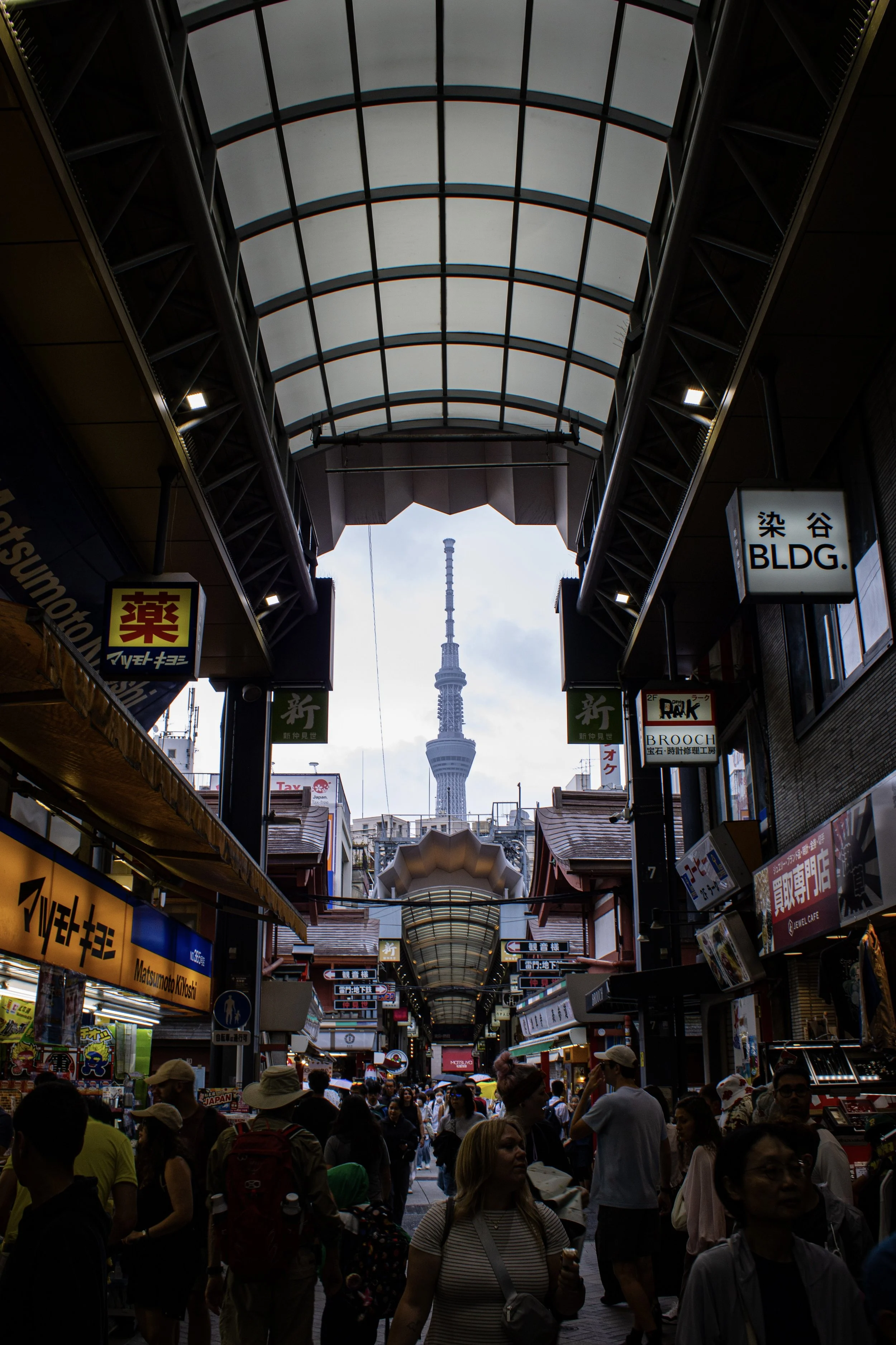 Crowded shopping street in Japan with signs in Japanese, covered walkway, and Tokyo Skytree visible in the background.