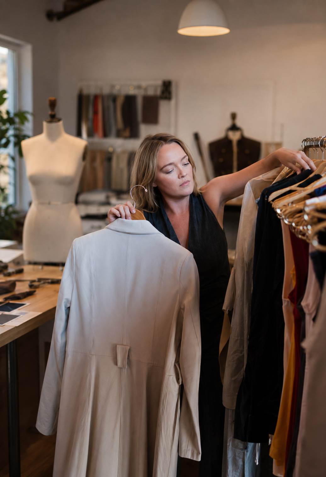 Megan Willerford reviewing garments on a clothing rack in a working design studio.