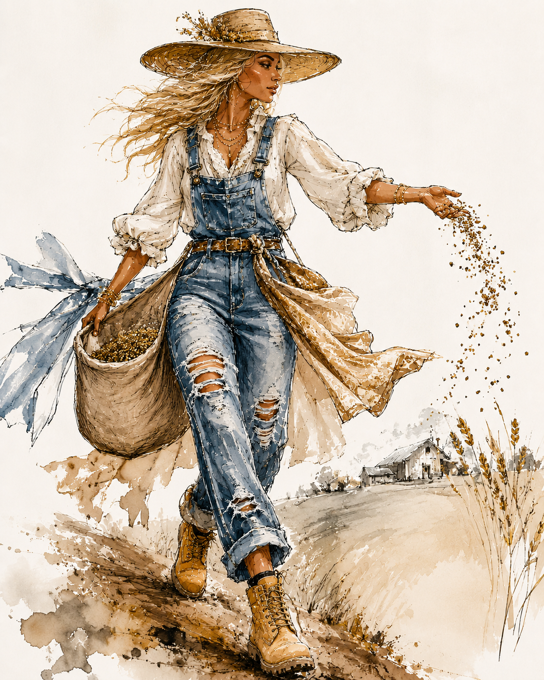 A woman wearing a wide-brimmed straw hat, a cream blouse, denim overalls, and boots, walking through a farm landscape while scattering grains.