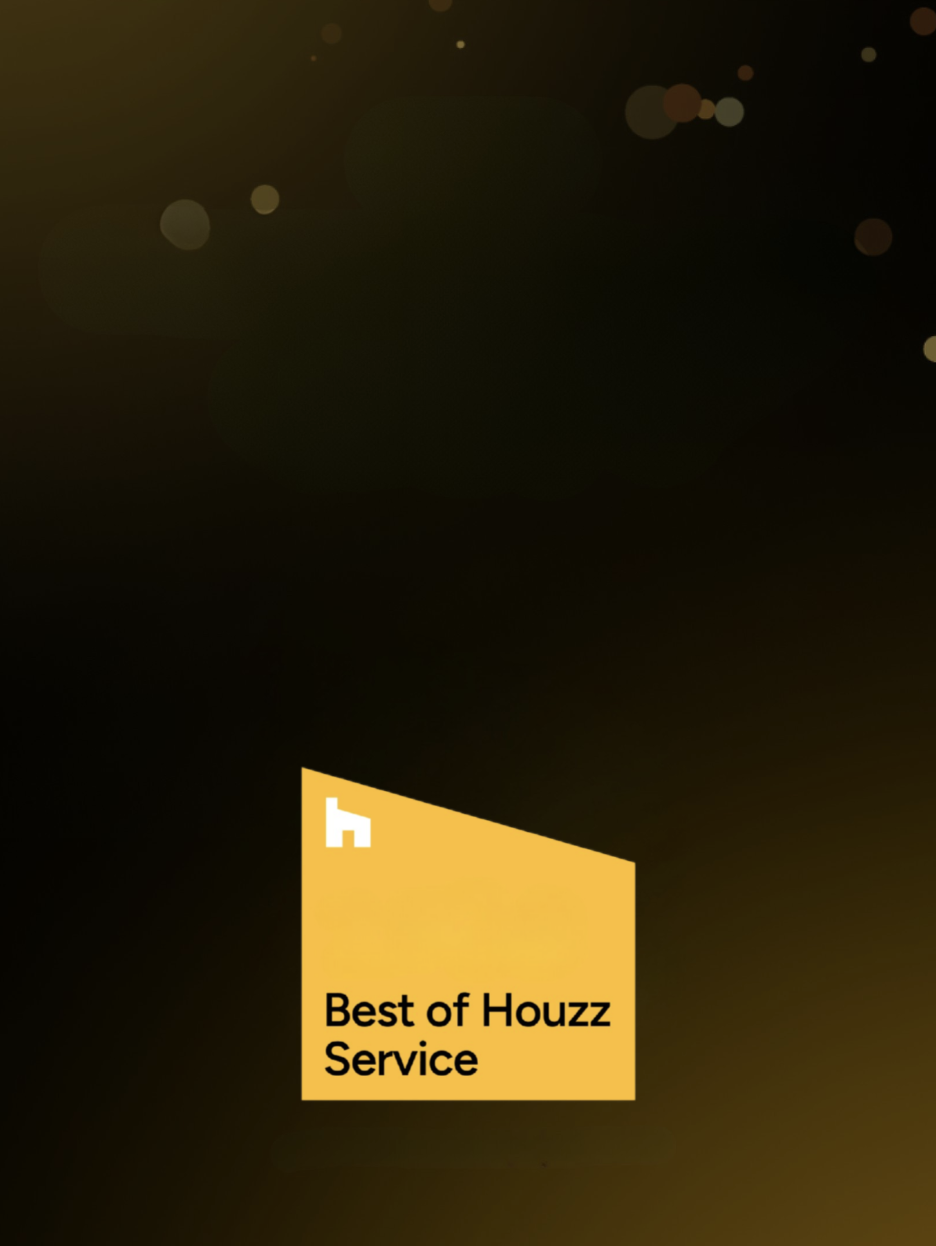 Yellow award graphic with text "Best of Houzz Service" on a dark background with bokeh light effects.