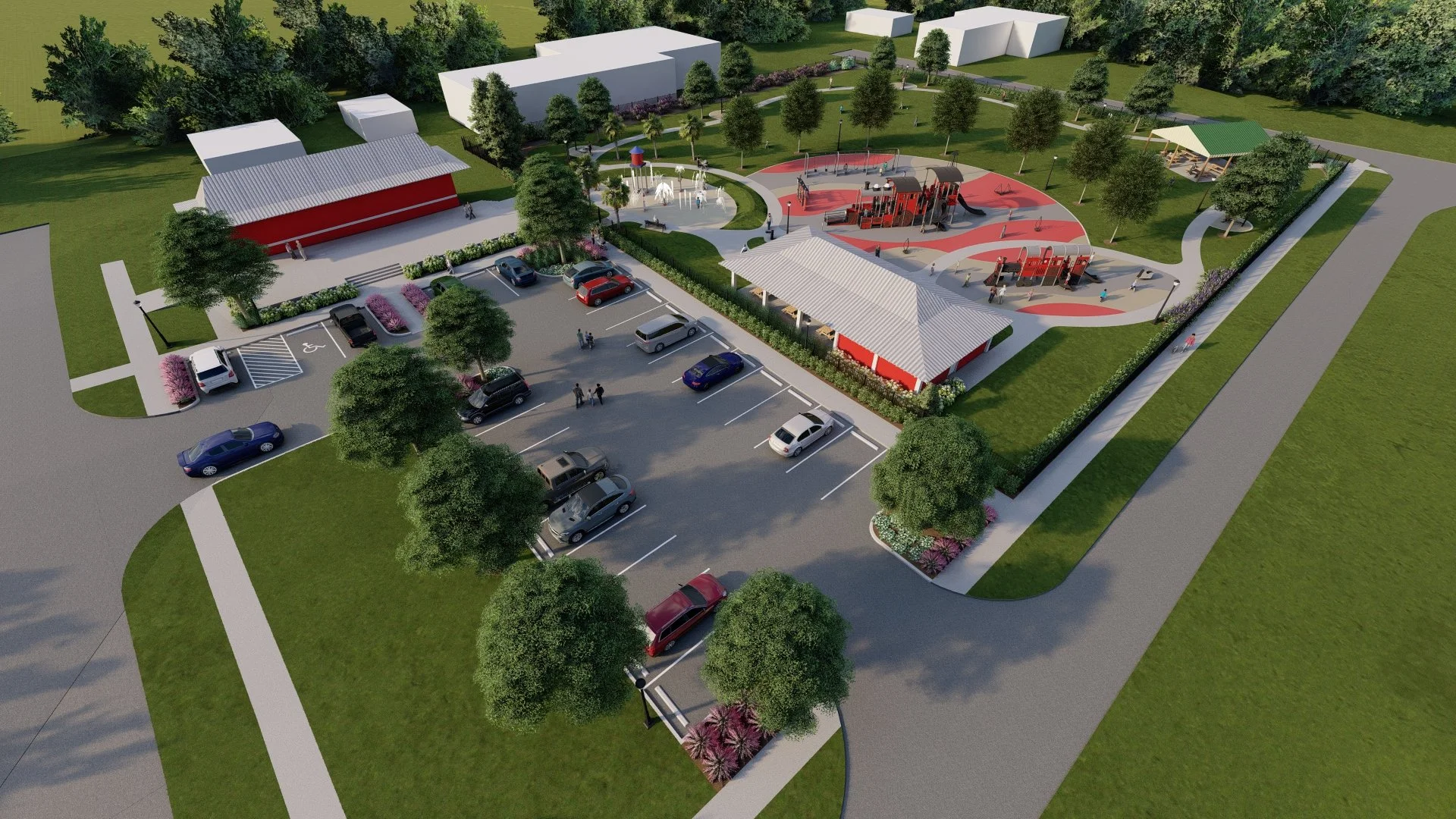 A colorful park with a playground, open grassy areas, walking paths, and parking lot. The playground includes slides, swings, and climbing structures, surrounded by trees and landscaped gardens. There are several buildings and a few cars parked in the lot.
