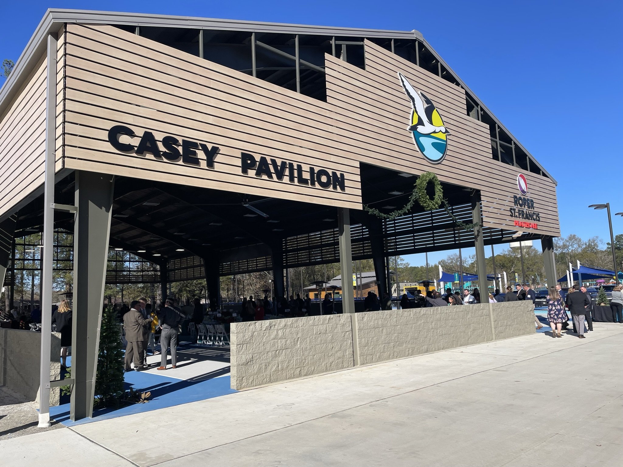 The entrance of a building named 