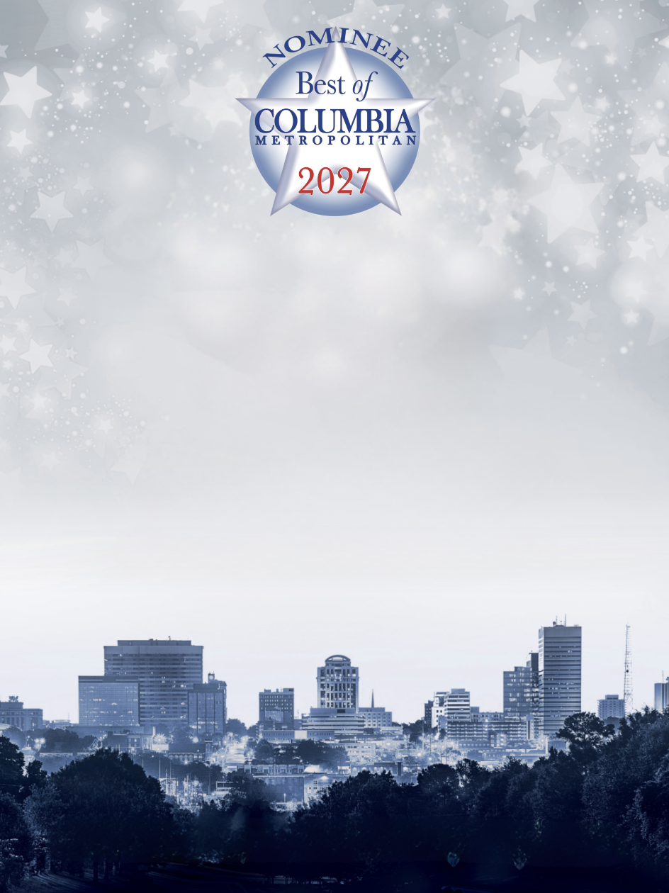 A city skyline silhouette with a light blue sky background. A badge at the top reads, "Nominee Best of Columbia Metropolitan 2027" with star motifs and celebratory design elements.