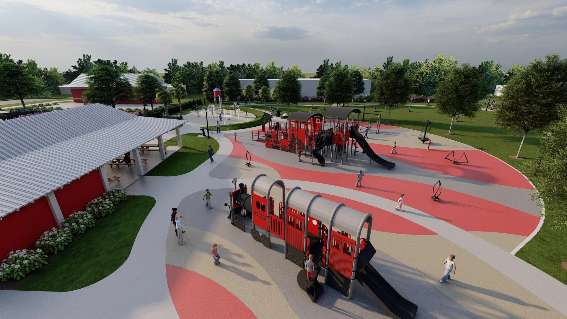 A playground with a red train slide, swings, and kids playing on a colorful surface, surrounded by trees and a pavilion.