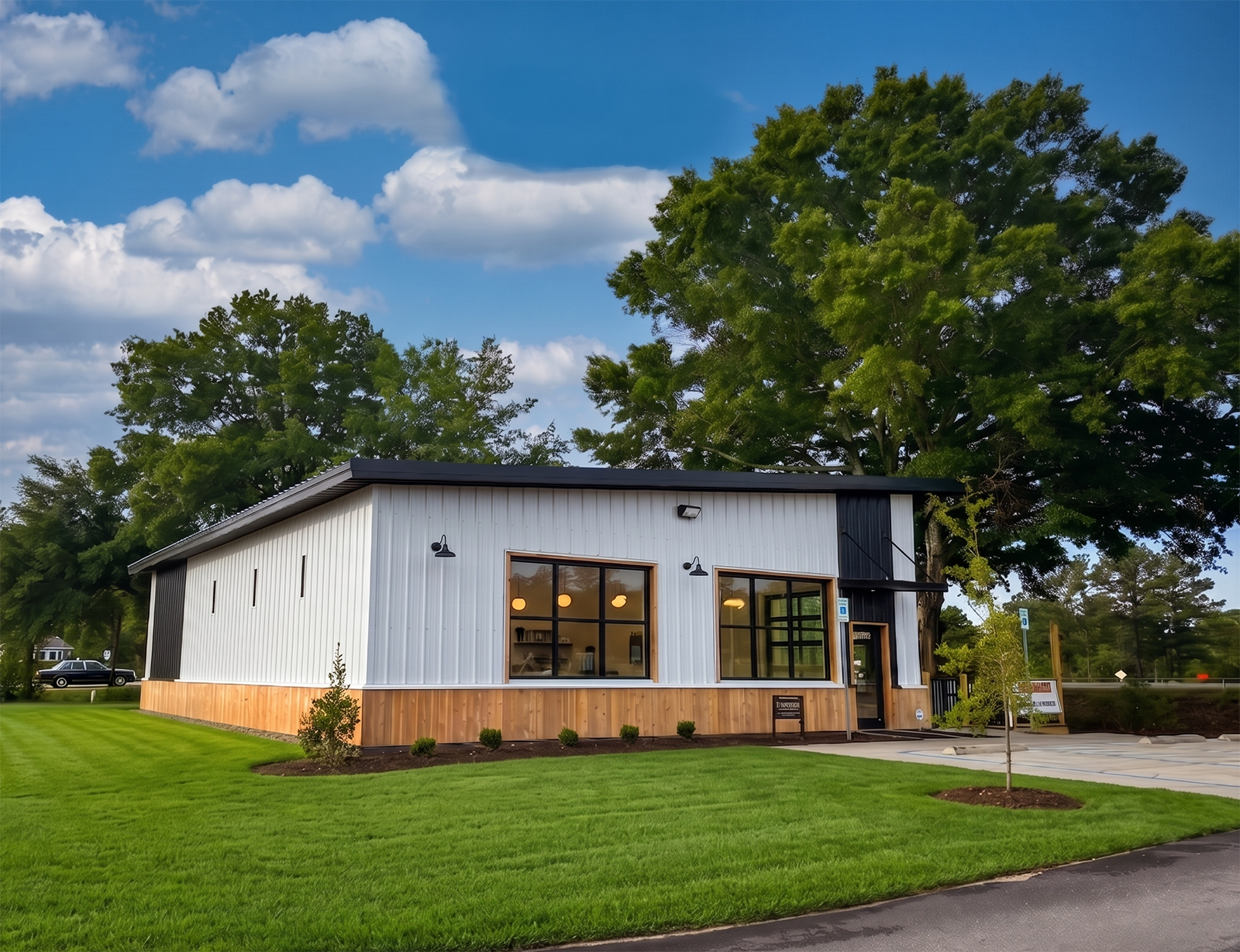Modern building with large windows, black and white exterior, wood accents, surrounded by green lawn and trees, under a blue sky with clouds.