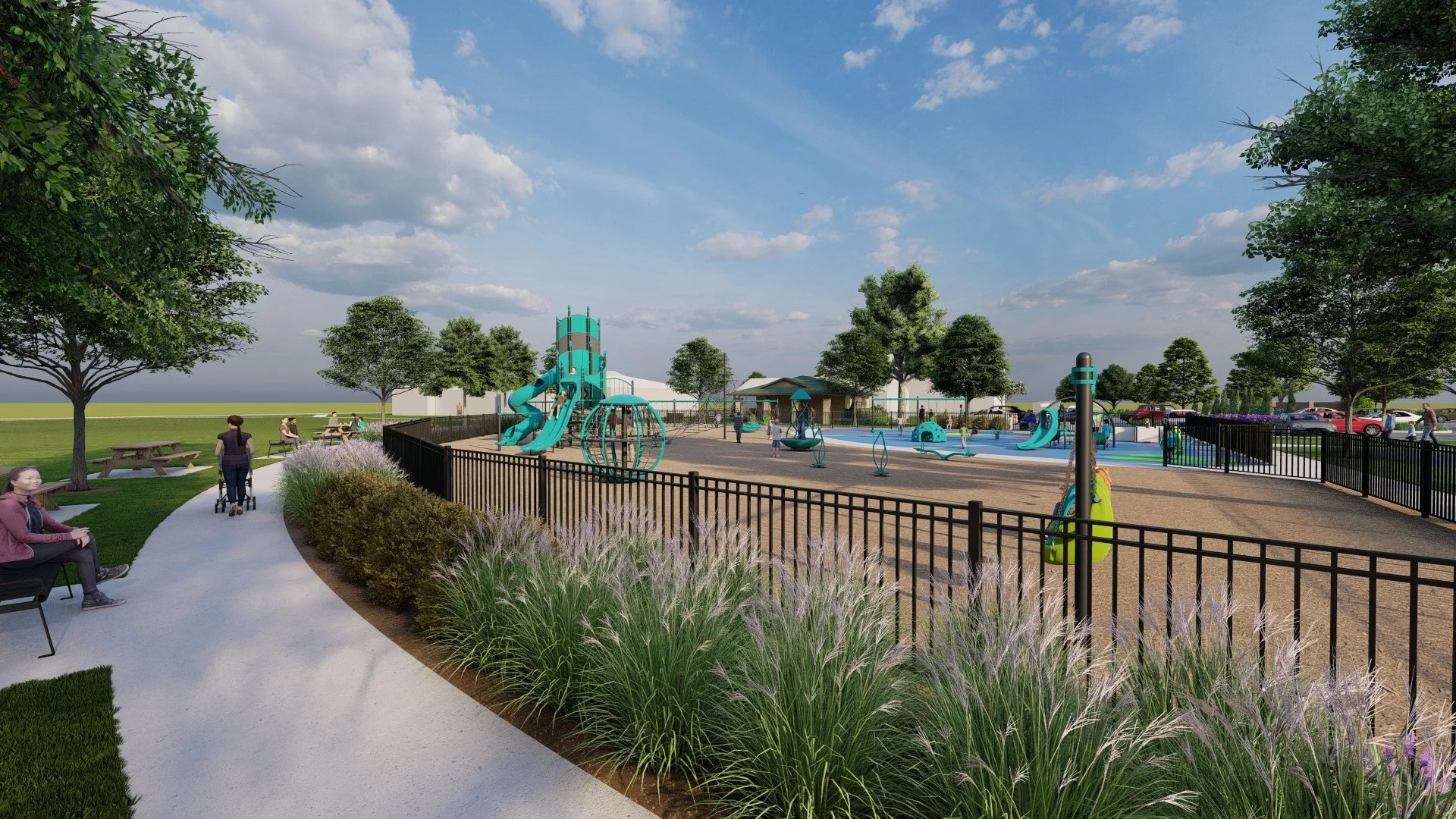 A playground with slides, swings, and climbing structures, surrounded by trees, grass, and a walking path, with people sitting on benches and children playing.