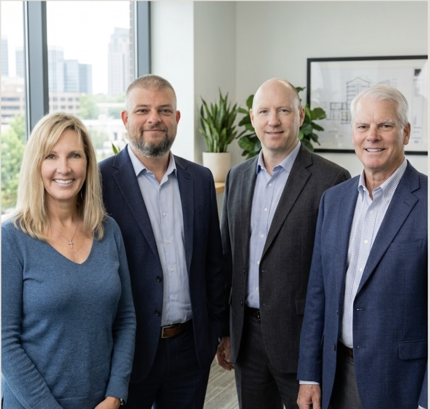 Four professionally dressed individuals, two men and two women, standing in an office with large windows, city view, and green plants in the background, smiling at the camera.