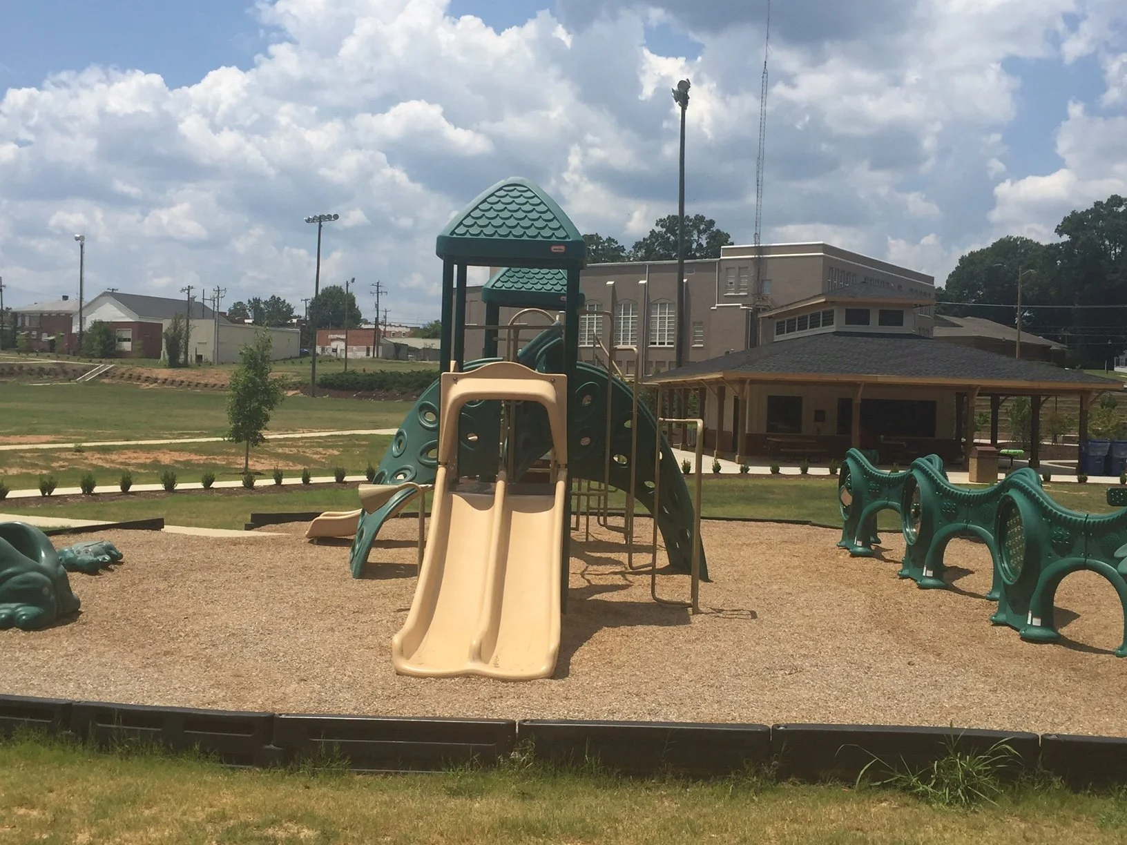 Childrens playground with slide, climbing structures, and a frog-shaped spring rider, with a building and trees in the background under a partly cloudy sky.