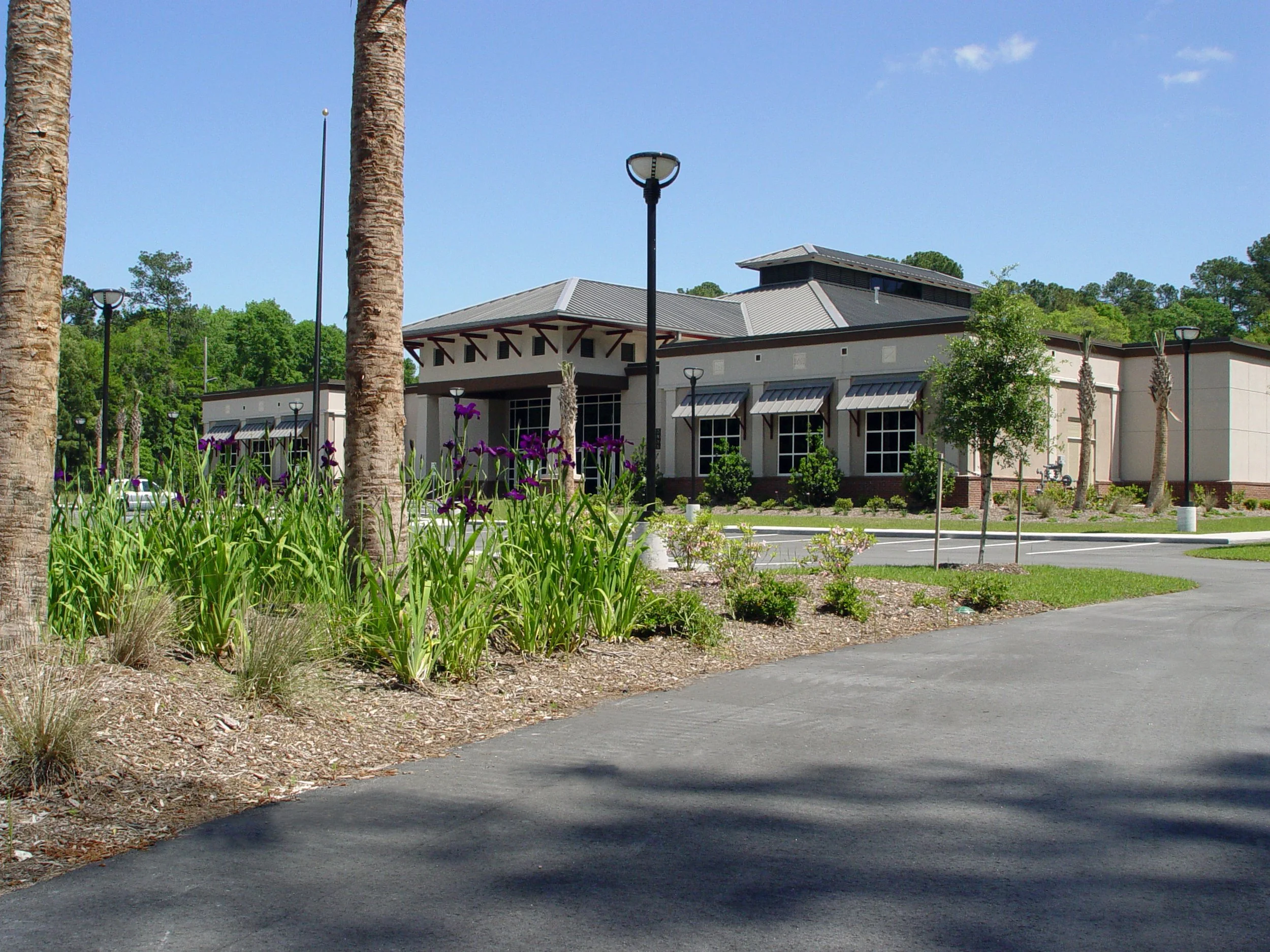 A building surrounded by trees, with a parking lot and landscaping in the foreground. There are trees and street lamps along the sidewalk.