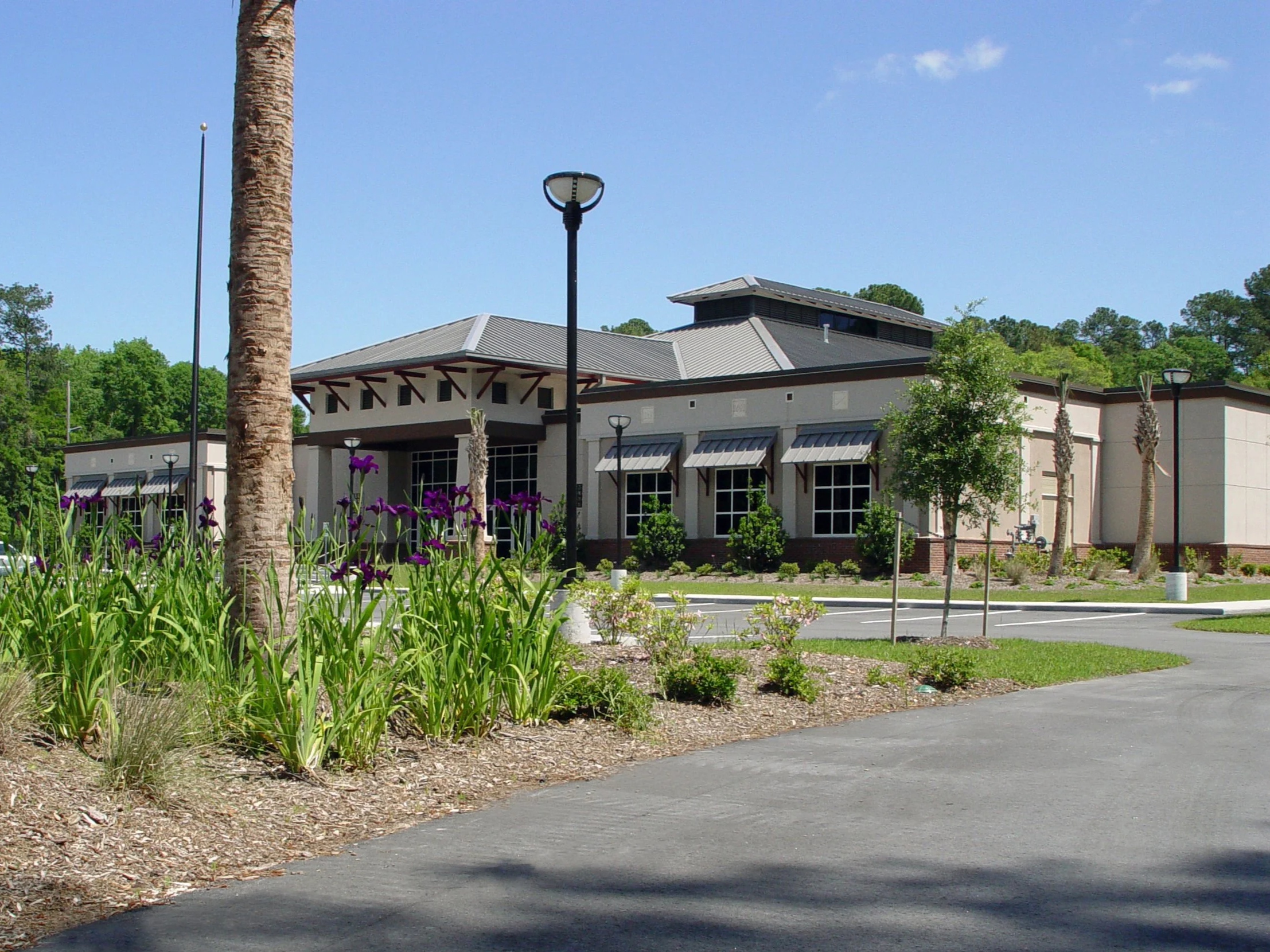 A parking lot with a sidewalk and landscaped area featuring purple flowers, small bushes, and young trees. In the background, there is a modern building with large windows, awnings, and a roof with geometric shapes. There are also palm trees and lampposts along the sidewalk. The sky is clear with some clouds.