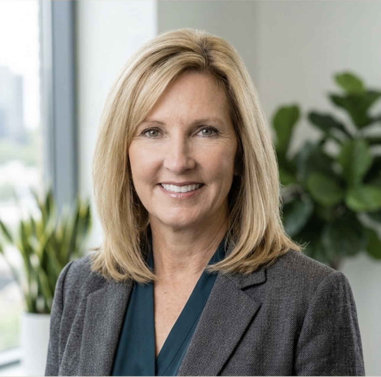 A professional woman with shoulder-length blonde hair, wearing a gray blazer and teal blouse, standing in an office with green plants and large windows in the background.
