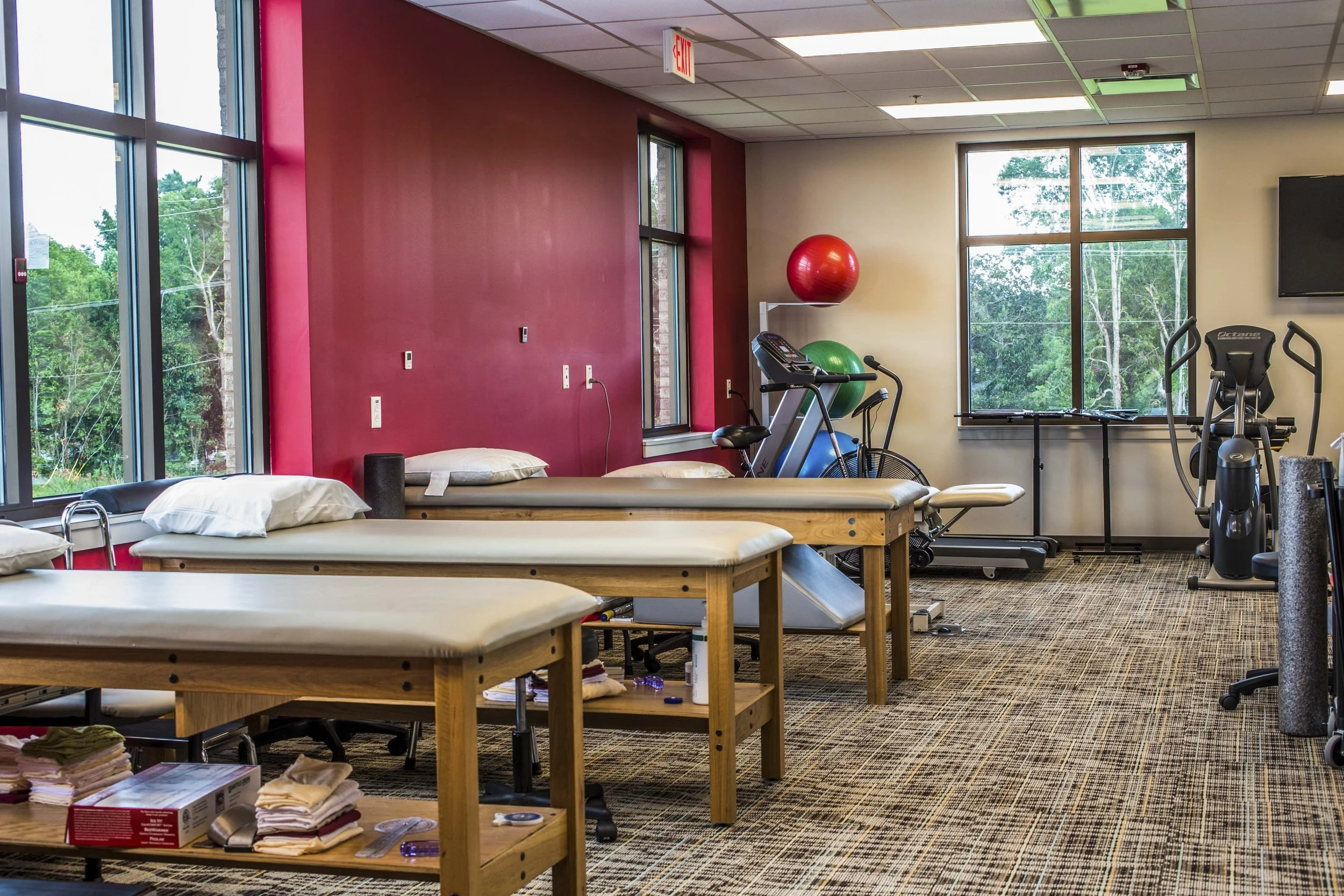 An interior view of a physical therapy or fitness room with therapy beds, exercise equipment, balance balls, and large windows showing greenery outside.