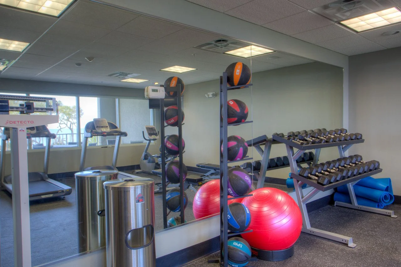 A gym room with treadmills, a rack of medicine balls, dumbbells on a rack, two large red exercise balls, and blue foam rollers, with a large window in the background.
