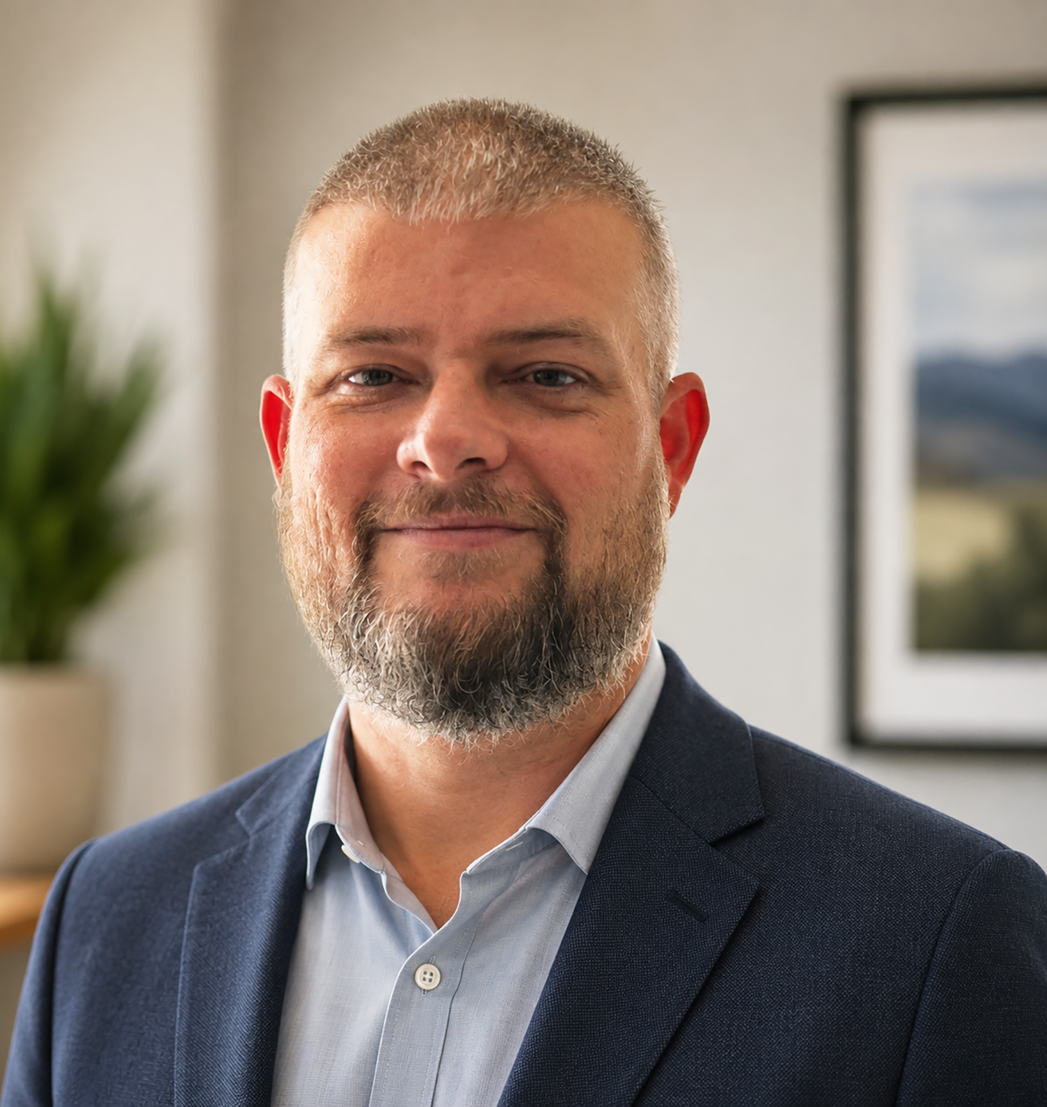A middle-aged man with short gray hair and a beard, wearing a navy blue suit jacket and a light blue shirt, standing in an office with a plant and framed picture in the background.