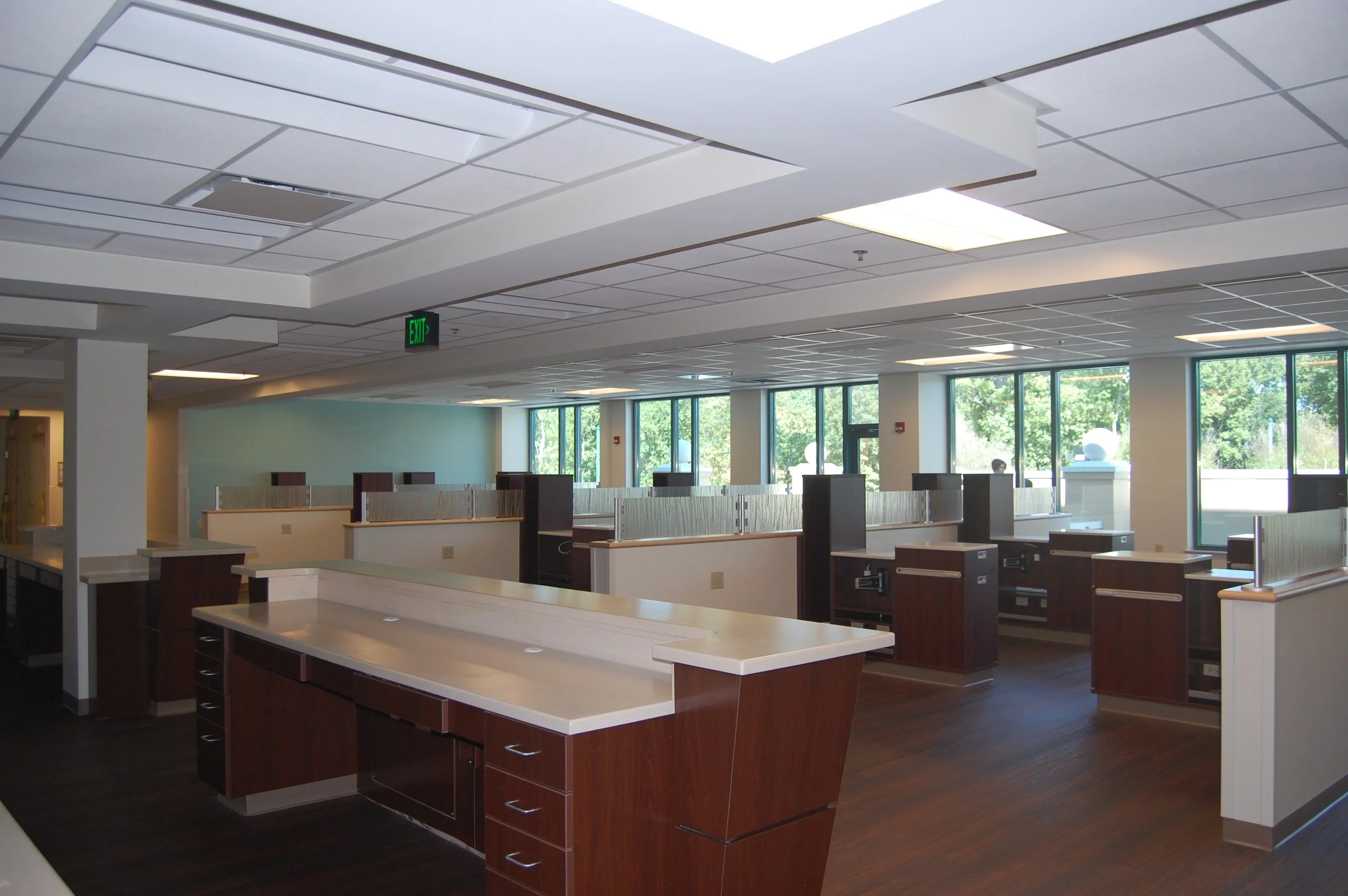 An empty office space with workstations, large windows showing trees outside, and ceiling lights.