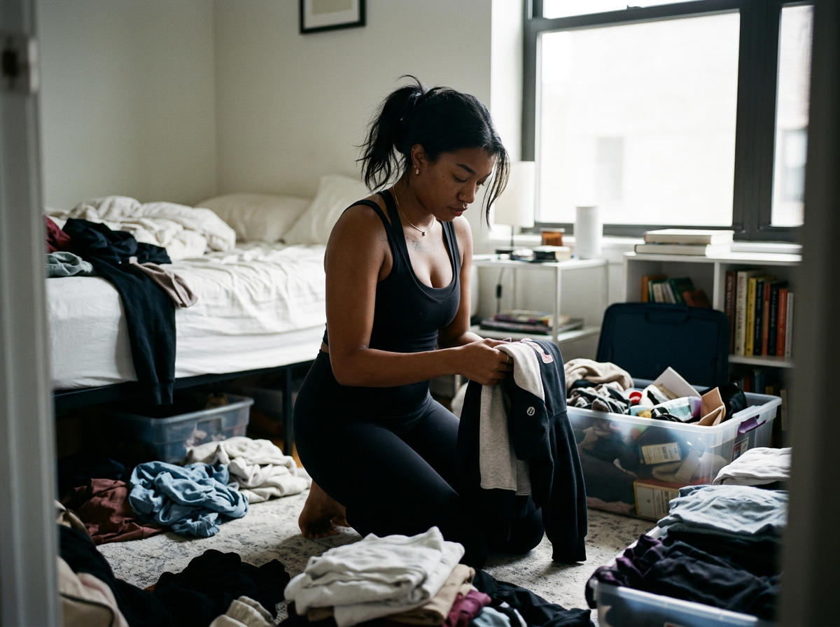 A woman in black workout clothes kneels on the carpeted floor, folding laundry surrounded by piles of clothes and plastic storage bins. The room has a bed with white sheets and clothes on it, a window with sunlight, and bookshelves with books.