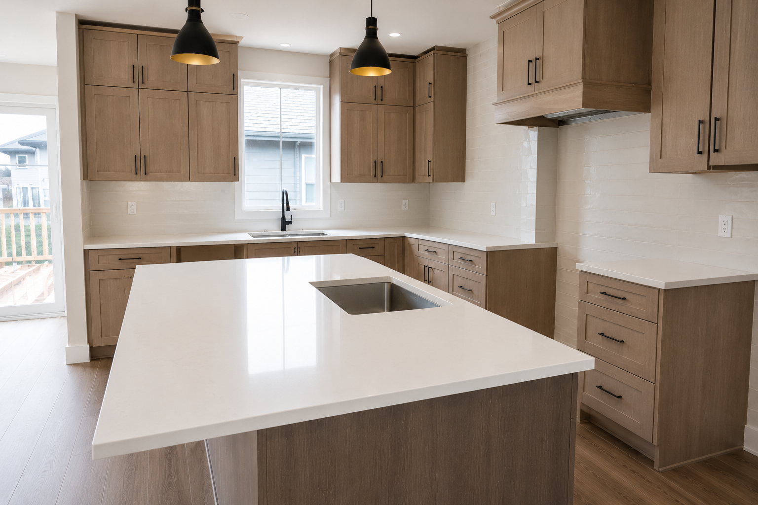 Cocina moderna con gabinetes de madera clara, isla con encimera blanca, fregadero de acero inoxidable, ventanas y luz natural.