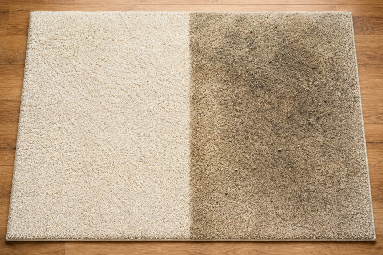 Alfombra con una mitad blanca y otra sucia con polvo y suciedad, sobre suelo de madera.