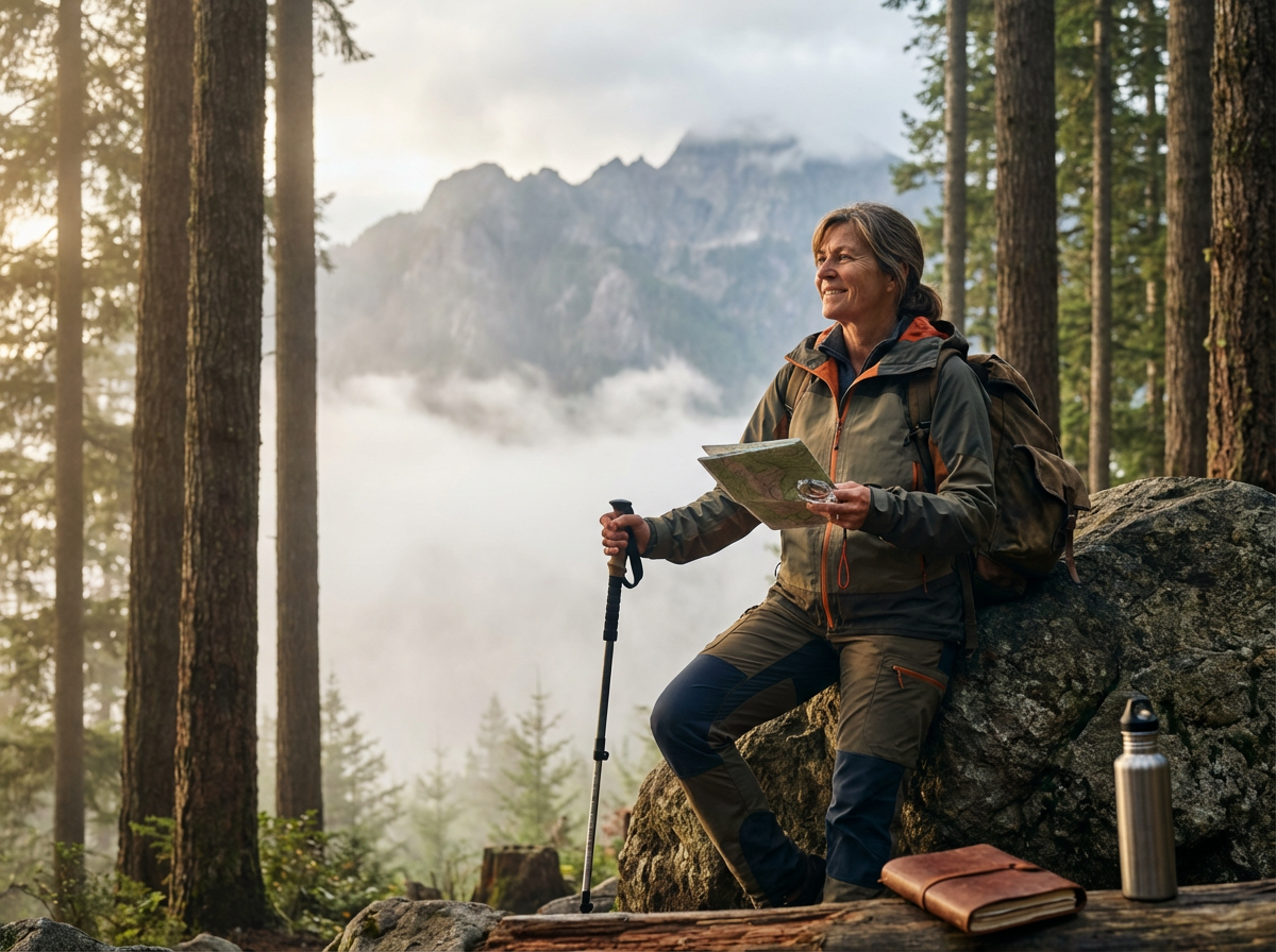 A woman sitting on a large rock in a forest, holding a map and a compass, with a mountain and fog in the background, outdoor gear including a backpack, water bottle, and journal nearby.
