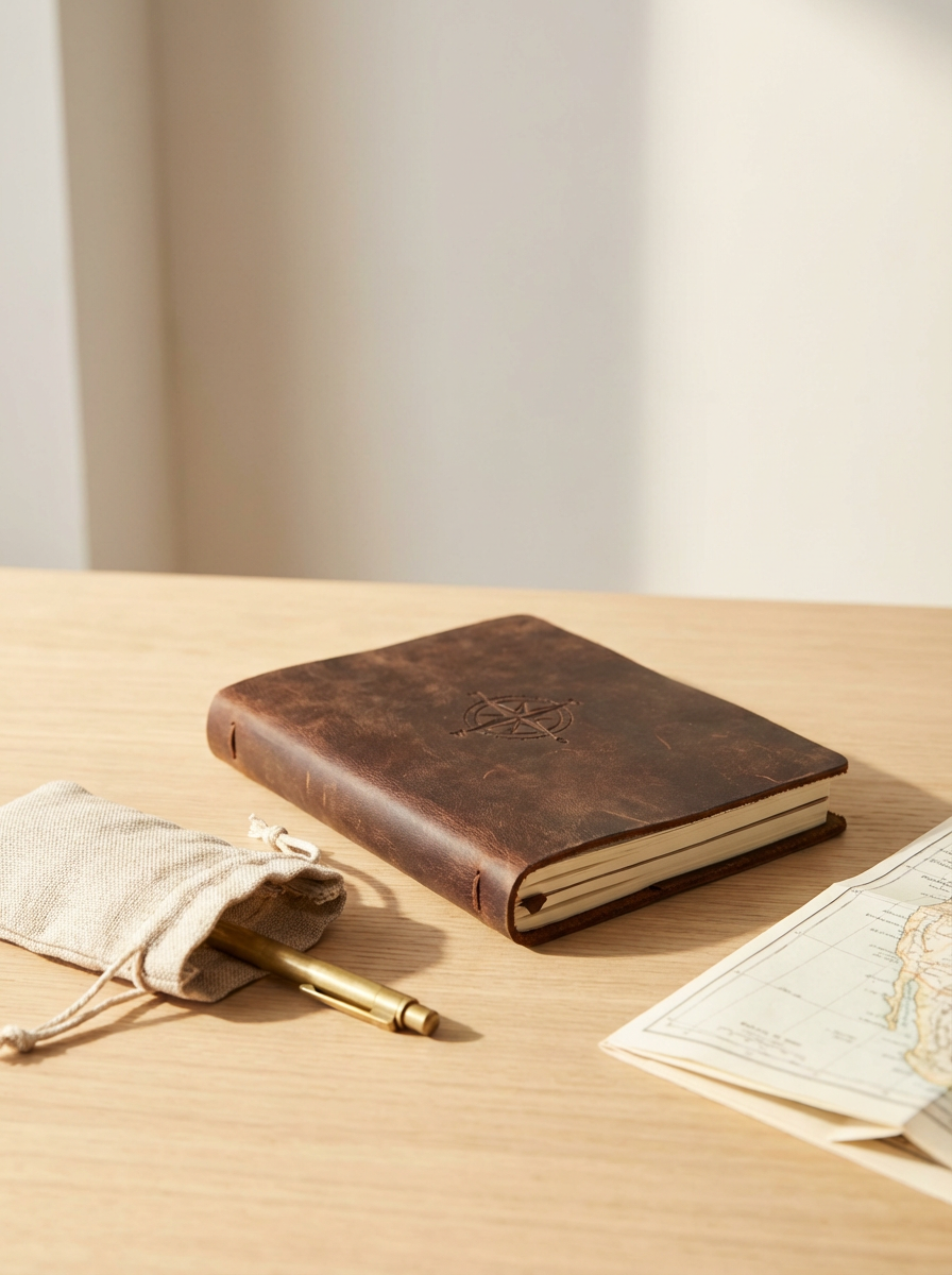A leather-bound journal, a pen in a pocket-sized pouch, and a map on a wooden table.