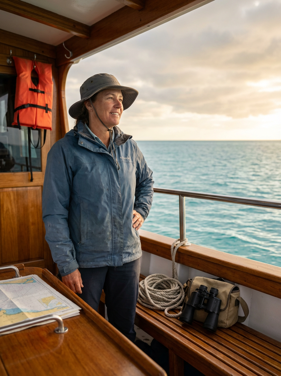 A woman in a wide-brimmed hat and rain jacket standing on a boat deck, looking out at the ocean during sunset.
