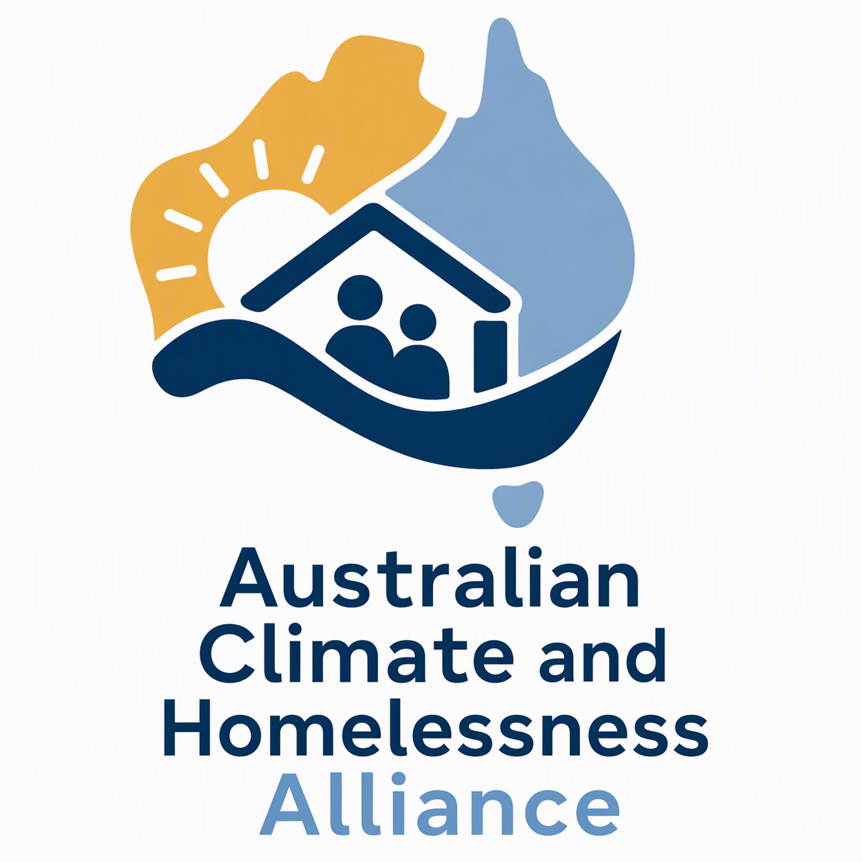 Logo of the Australian Climate and Homelessness Alliance featuring a stylized map of Australia with a sun, mountains, and a house with two people inside.