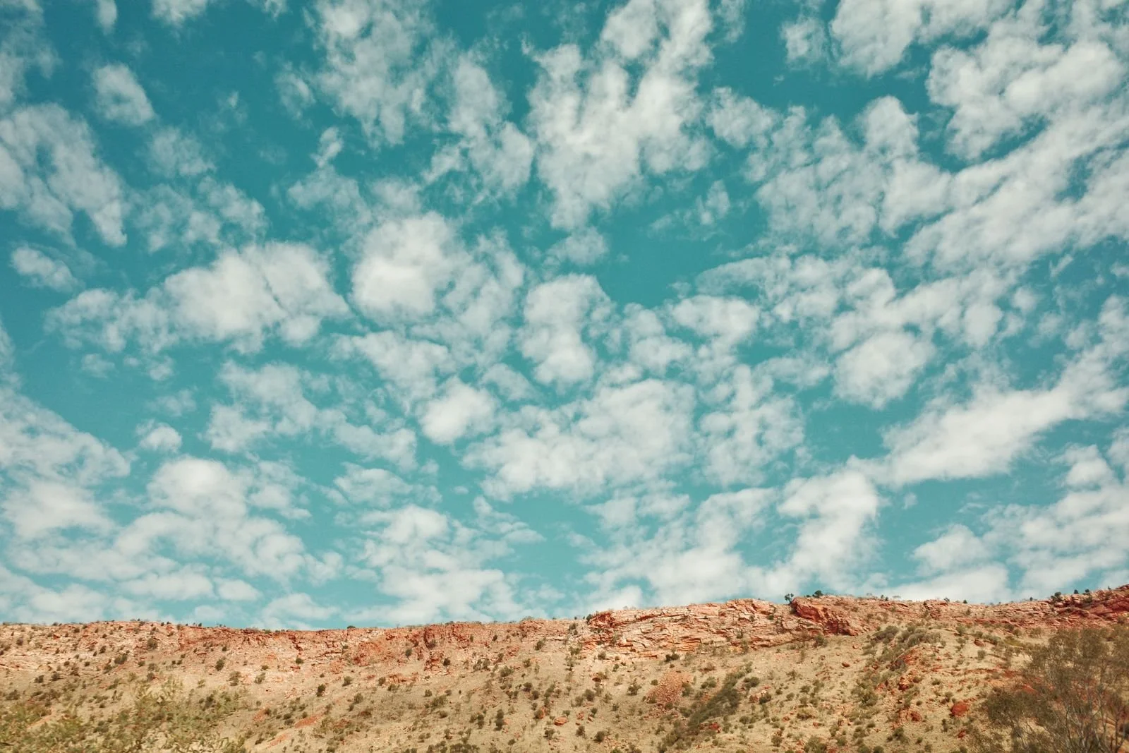 A desert landscape with reddish-brown cliffs and sparse vegetation under a bright blue sky with scattered white clouds.