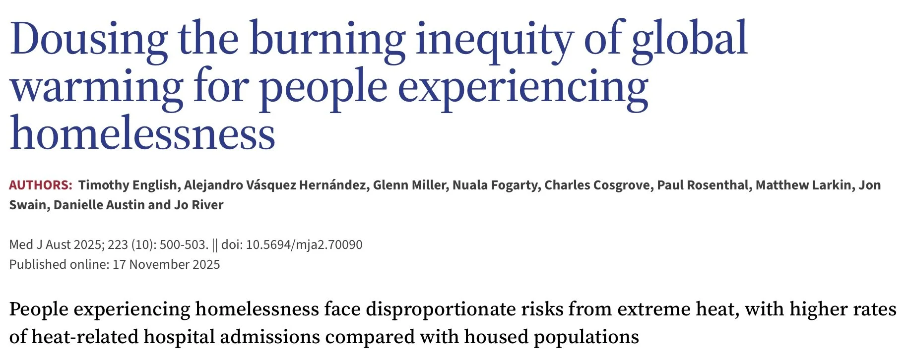 Screenshot of a scientific article titled 'Dousing the burning inequity of global warming for people experiencing homelessness,' listing authors and publication details, and a summary paragraph about risks faced by homeless people due to extreme heat.