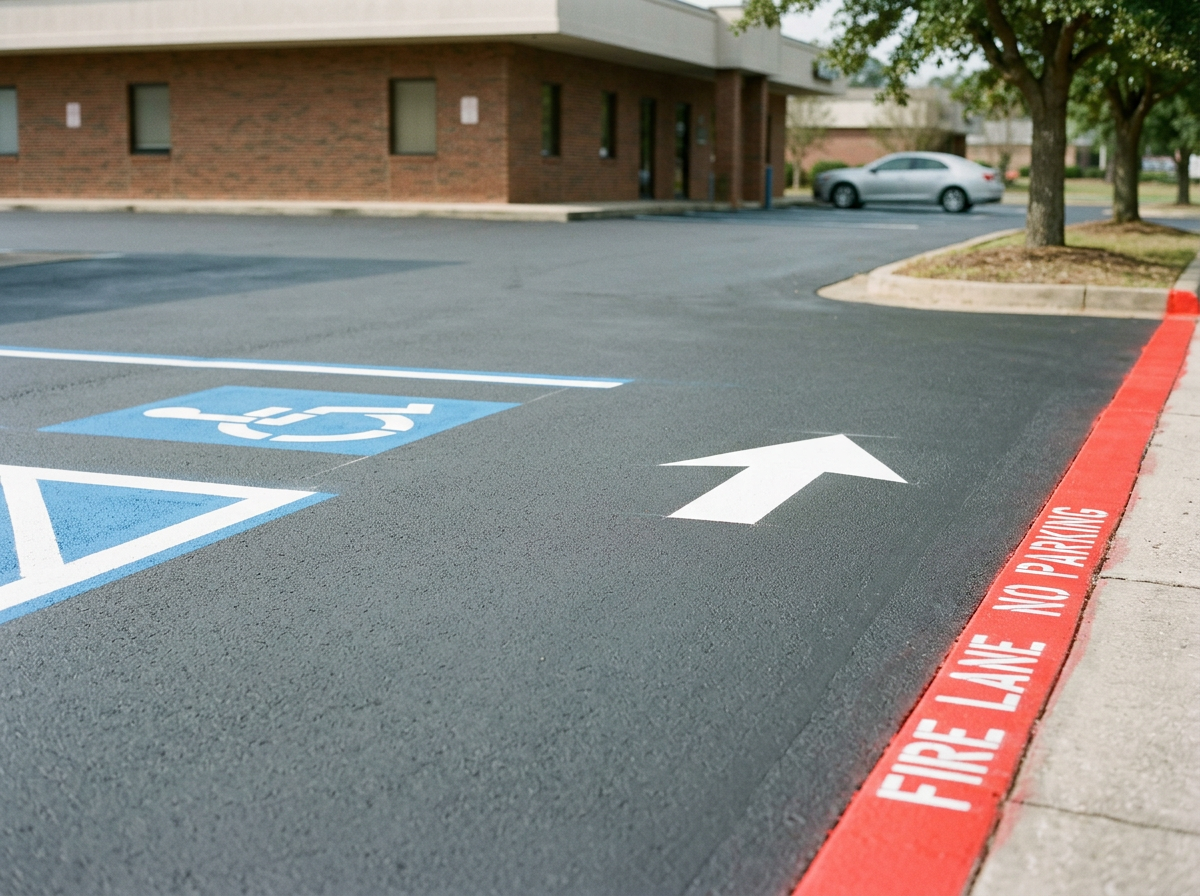 Empty parking lot with blue handicap parking space markings, white arrow pointing forward, and a red curb with 'FIRE LANE - NO PARKING' painted on it, near a brick building and some trees.