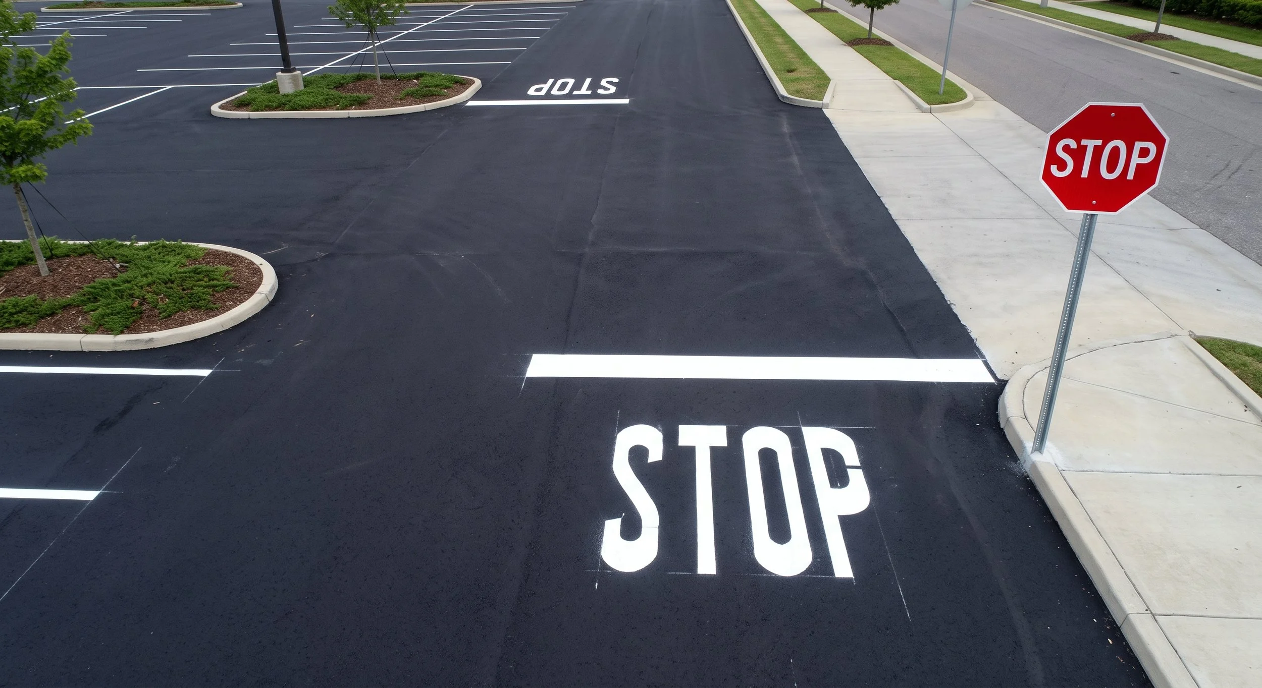 Empty parking lot and driveway with a red stop sign, white painted stop signs and white parking space lines.