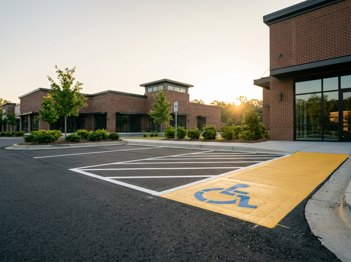 Empty parking lot with designated handicap parking space marked with blue wheelchair symbol and yellow paint near a red brick building during sunset, with trees and a clear sky in the background.