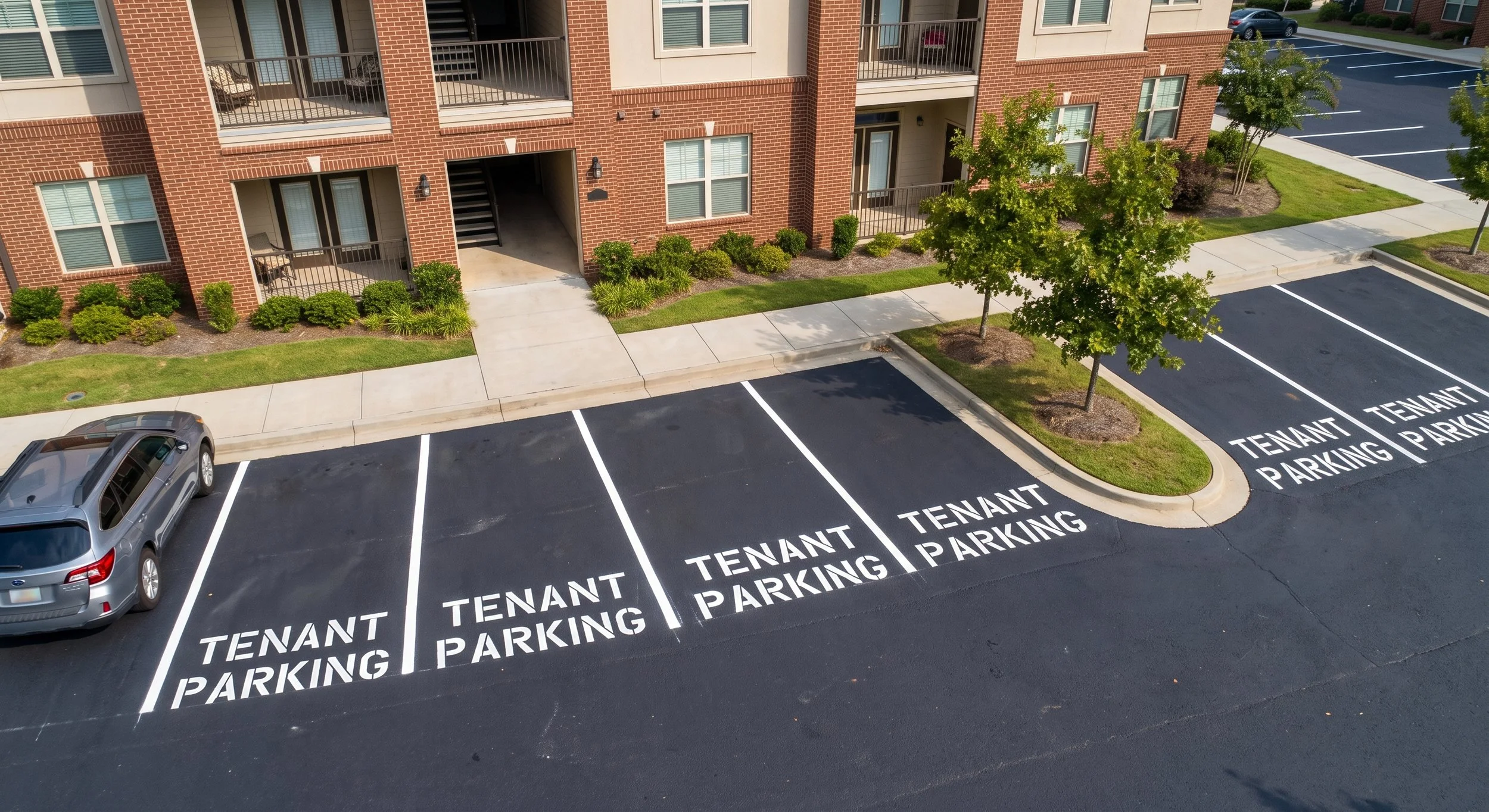 Empty parking lot with marked spaces labeled 'Tenant Parking' next to a red brick residential building with trees and landscaped areas.