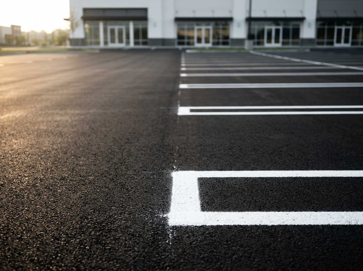 Empty parking lot with freshly painted white parking space lines in front of a modern building at sunrise or sunset.