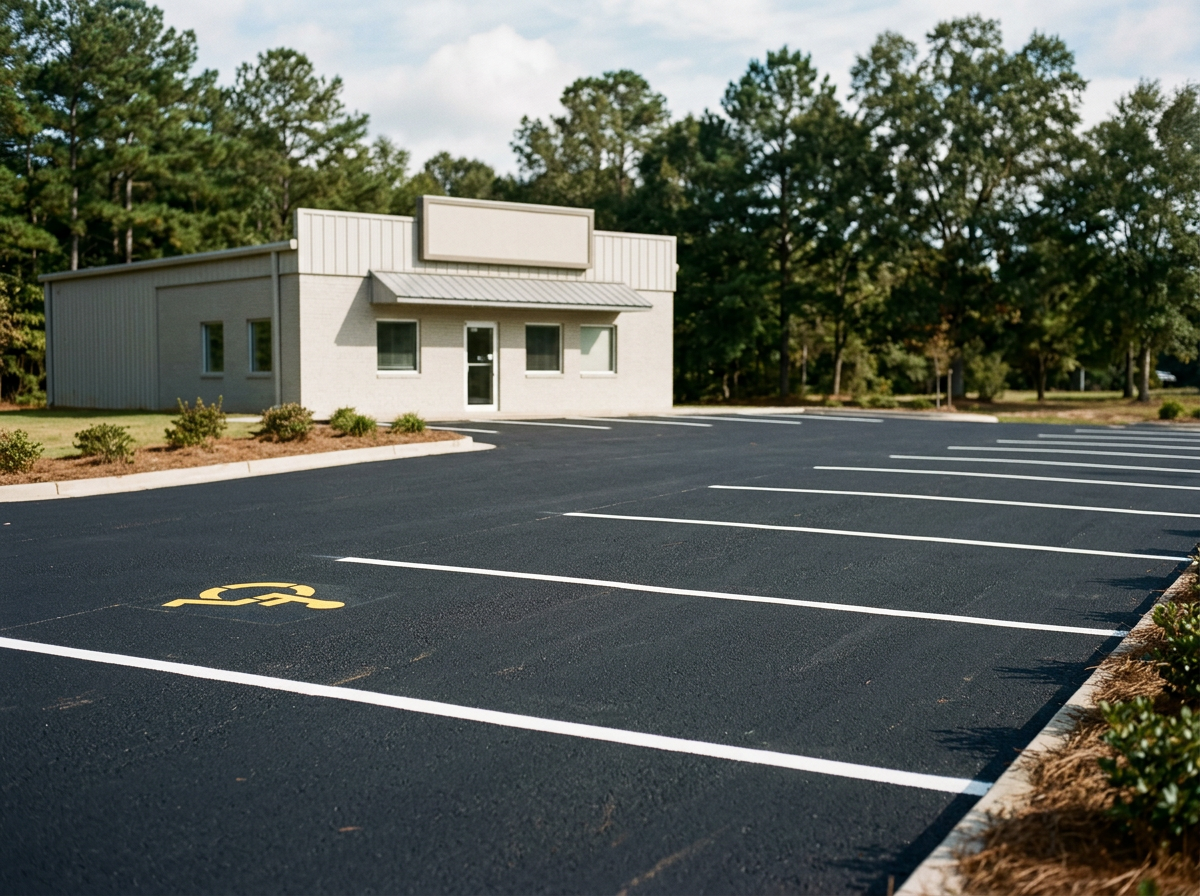 Empty parking lot with marked parking spaces, including a handicapped spot, in front of a small commercial building surrounded by trees.
