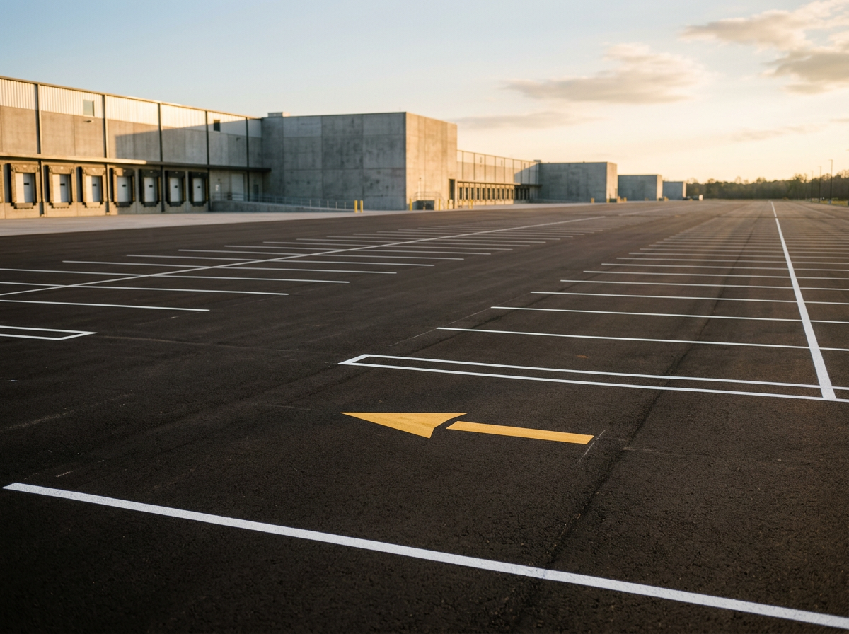 Empty parking lot with white lines and a yellow arrow on the asphalt, adjacent to a large industrial building with loading docks, under a partly cloudy sky.