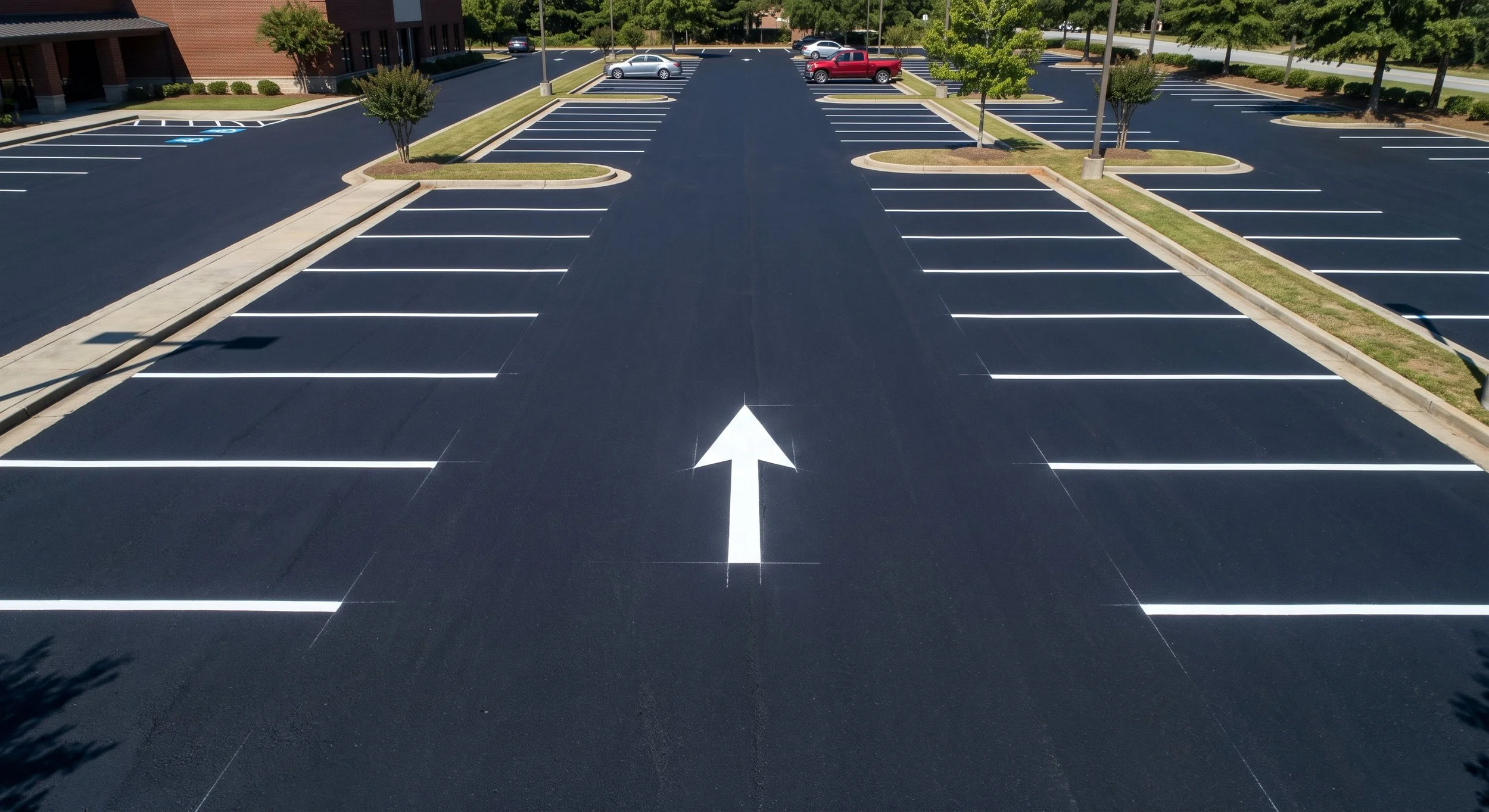 Empty parking lot with designated spots, green trees, and a building in the background. A white arrow painted on the asphalt indicates the direction of traffic.
