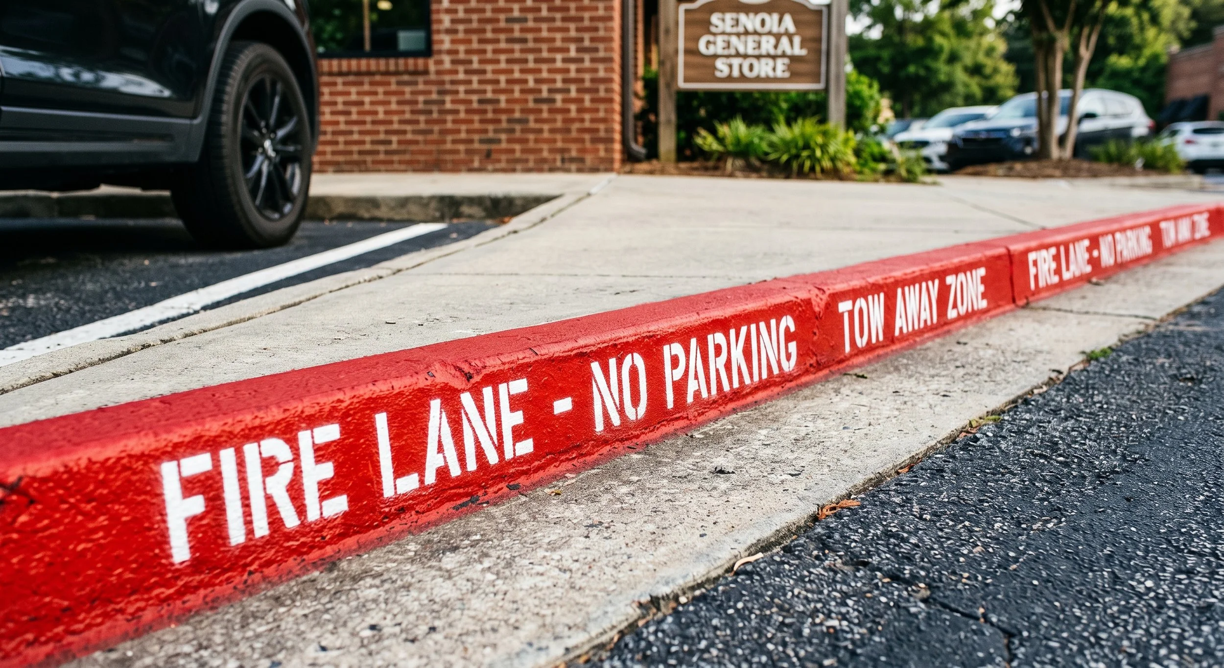 Close-up of a red fire lane curb with white text that reads 'FIRE LANE - NO PARKING TOW AWAY ZONE'. In the background, a brick building with a sign that says 'SENOLA GENERAL STORE' and a black car parked nearby.