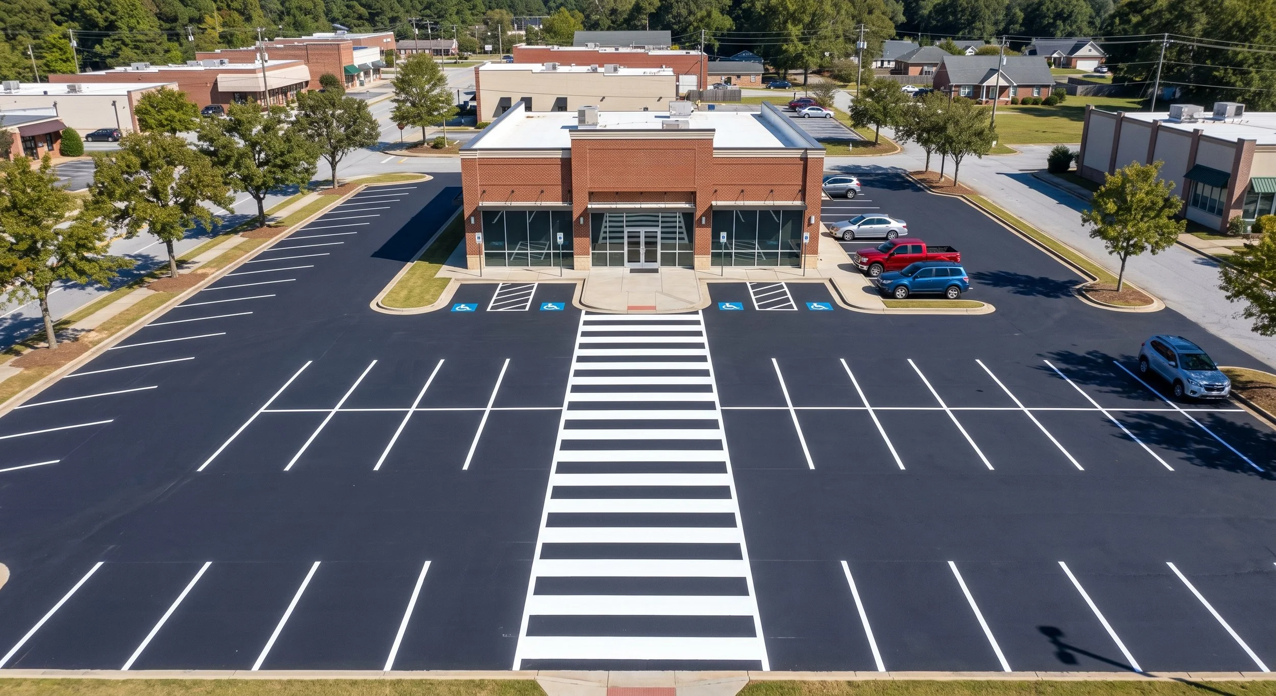 An empty parking lot with designated handicapped parking spaces, a crosswalk leading to a small building, and surrounding trees.