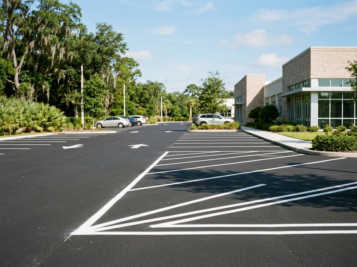 Empty parking lot with freshly painted white lines and arrows, next to a modern building with large glass windows, surrounded by greenery and trees under a partly cloudy sky.