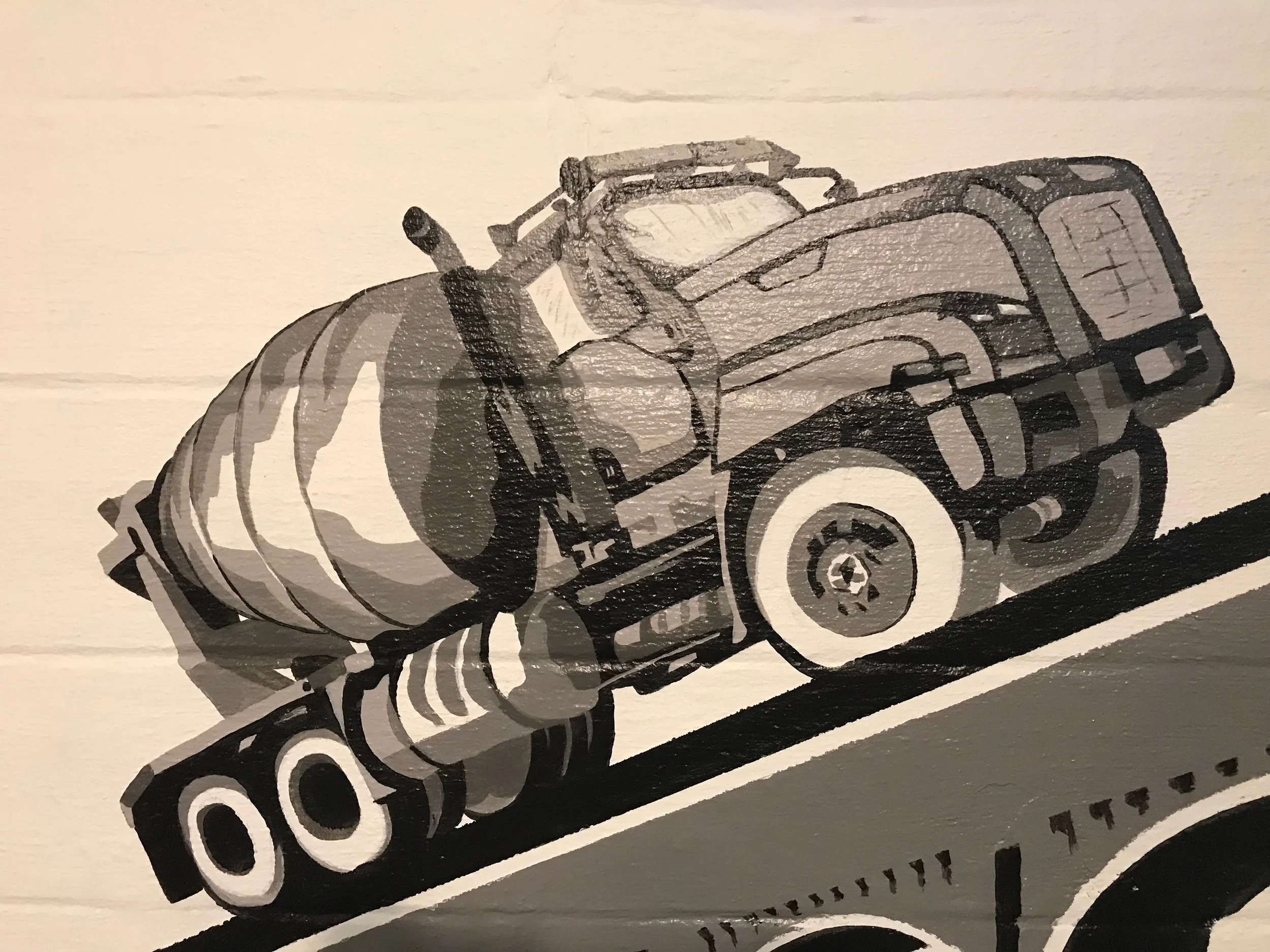 Gray-scale painting of a police car with the word 'POLICE' visible on the side, depicted in a stylized, artistic manner.