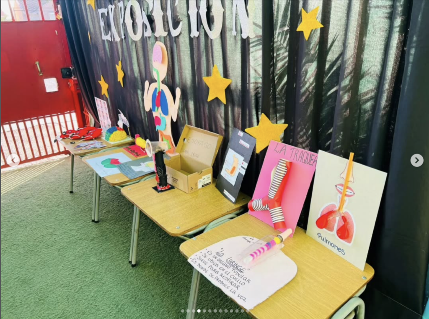 Carteles y objetos relacionados con la exploración y la anatomía en un aula escolar, incluyendo dibujos de pulmones y descripciones, decoraciones con estrellas amarillas y figuras coloridas.