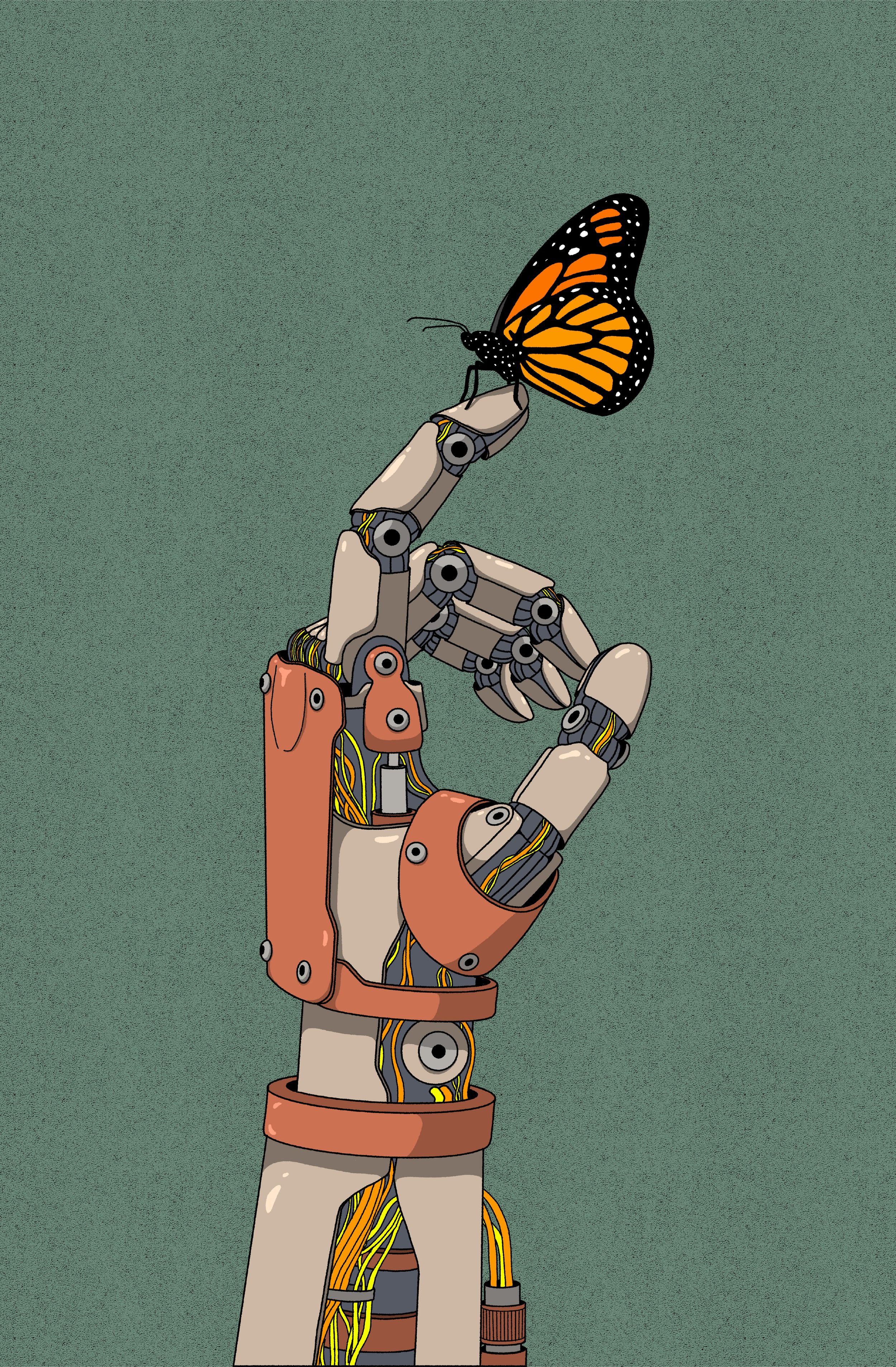 A robotic hand holding a monarch butterfly, set against a textured green background.