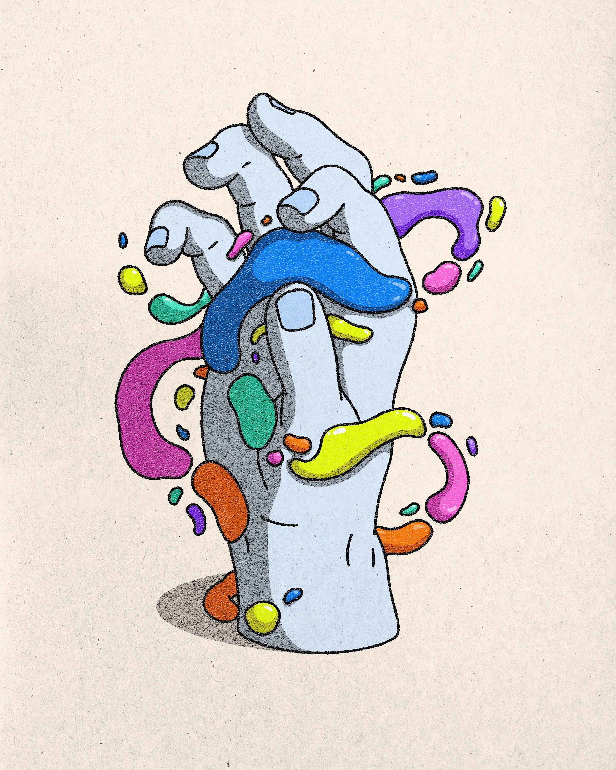An illustration of a hand with  colorful blobs floating around it. The fingers are pinching around one of the blobs.
